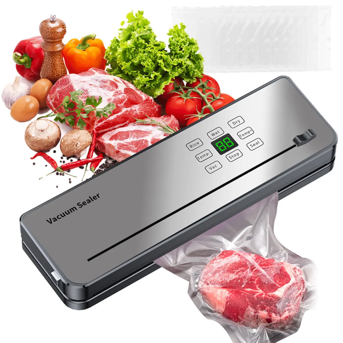 Máquina Selladora al Vacío de Alimentos de 75Kpa, 8 en 1, Selladora al Vacío Automática para Alimentos Secos y Húmedos con 10 Bolsas, para Conservación de Alimentos en el Hogar y la Cocina