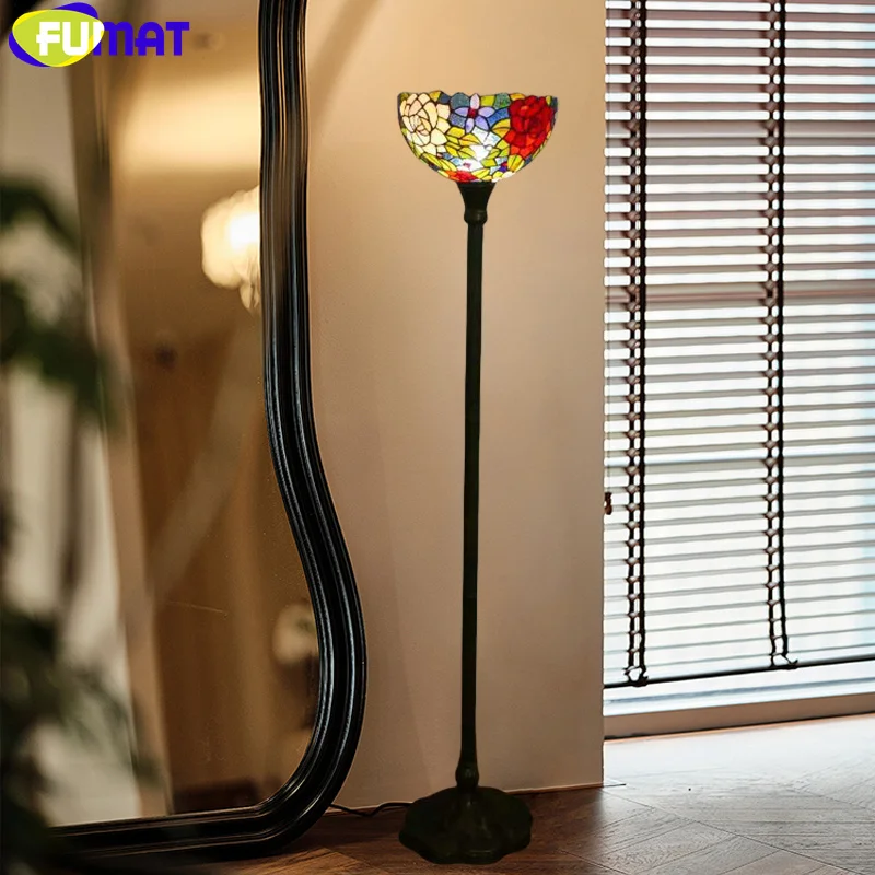 FUMAT Tiffany style stained glass European retro floor lamp for living room study bedroom bedside hotel LED decor tripod lamp