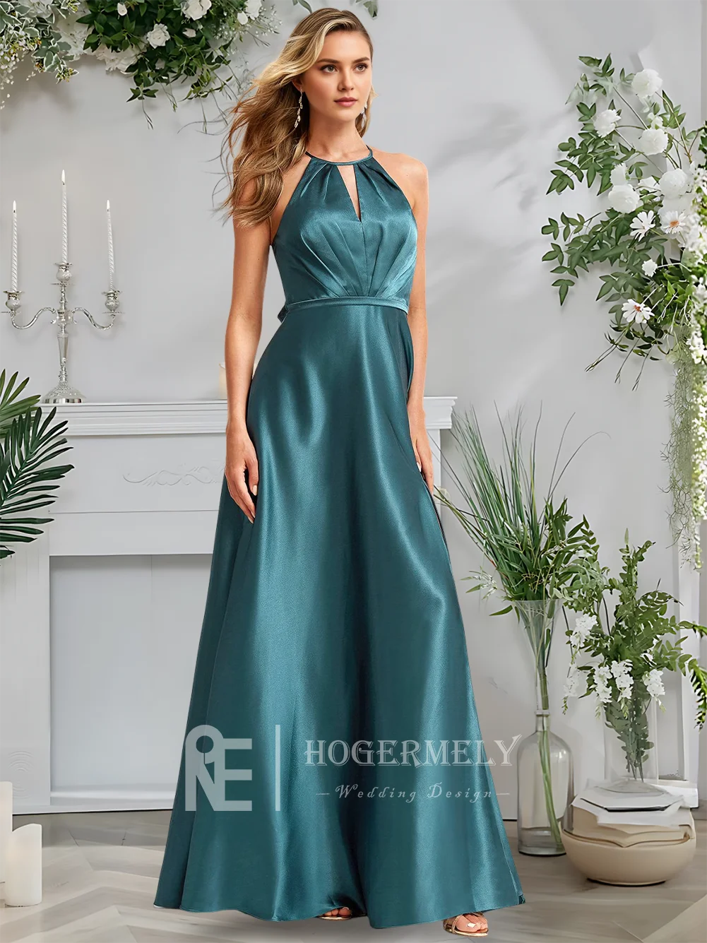 ​ Vestidos de dama de honor de satén elástico hasta el suelo con cuello Halter, corte en A, color azul pizarra de lujo, con abertura en la espalda, cóctel para invitados de boda, 2025 ​