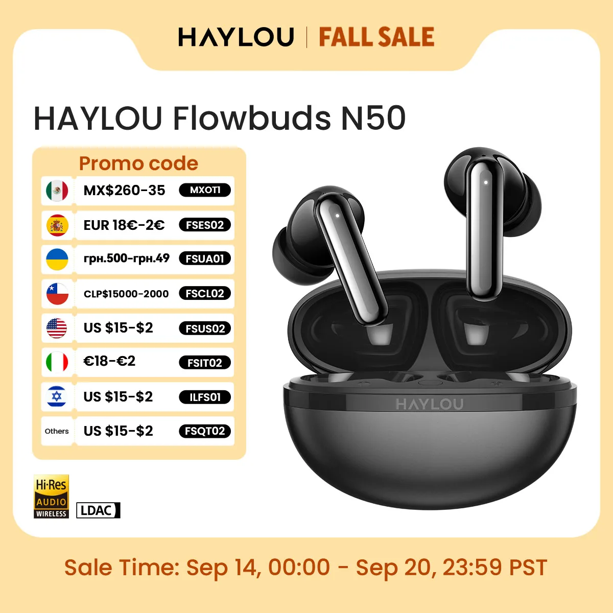 Fones de Ouvido Sem Fio HAYLOU Flowbuds N50 ANC Bluetooth 6.0 com Cancelamento Ativo de Ruído, 6 Microfones, Chamadas Claras com IA e 32 Horas de Reprodução