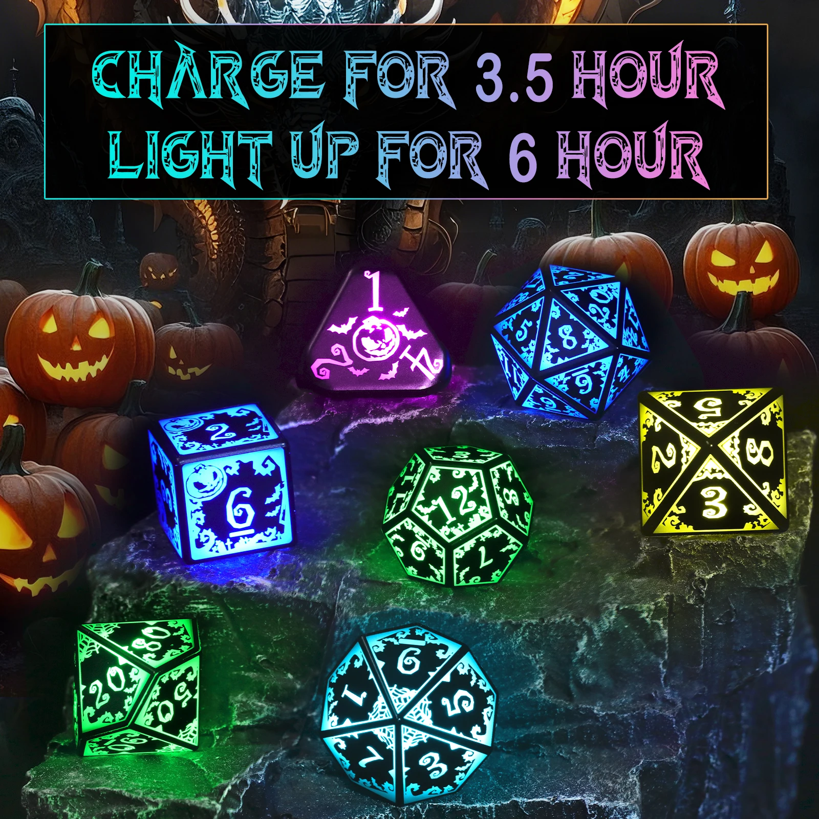 

LED Dice Set with Charging Case -Pumpkin Design 7-Color light up Dice for Tabletop Role-Playing Game