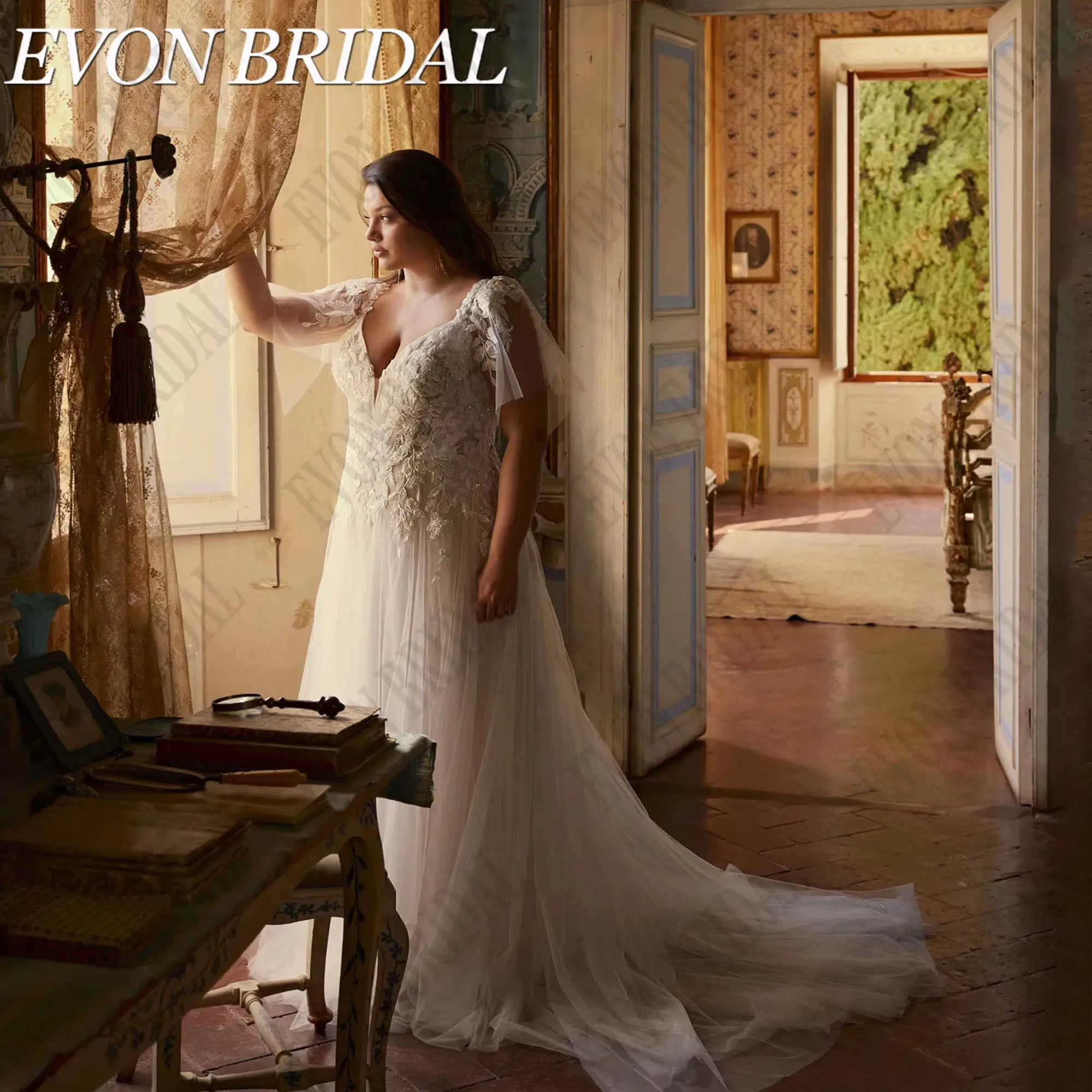 Large Size Wedding Dresses For Woman Boho V-Neck Applique A-Line Bride Gowns Tulle Custom Vestidos De Novia EVON BRIDAL Customiz