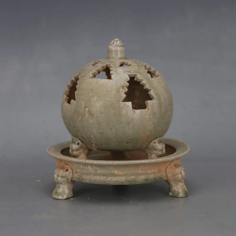 Song Dynasty Yue Kiln Celadon Round Hollow Incense Burner Vintage Home Decor Ornament