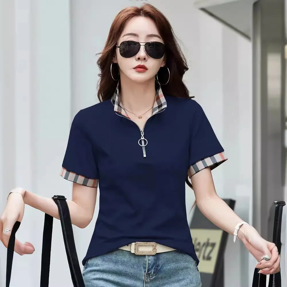 Zwart T-shirt met korte mouwen Dames Plaid Polo Hals Rits Katoen Slanke Kantoor Korte T-shirt Femme Zomer Wit Grijs Blauw