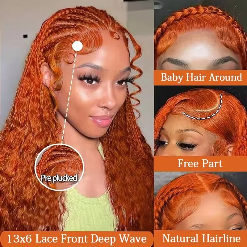 

350 Ginger Orange Deep Wave Curly Wigs Human Hair 13x6 13x4 HD Transparent Lace Frontal Wigs Pre-Plucked Hairline With Baby Hair