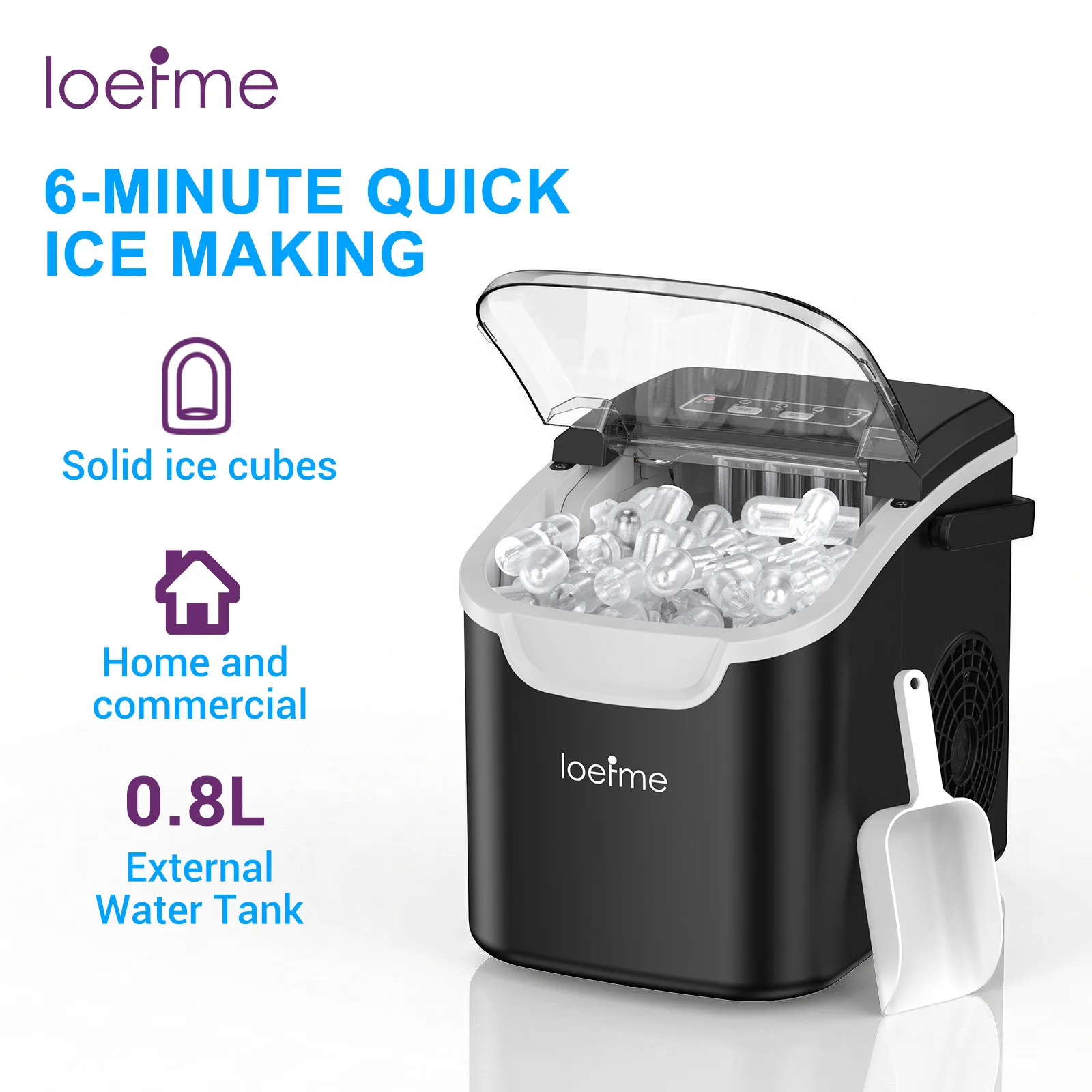 LOEFME IJsblokjesmachine 15kg/24u 16 IJsblokjes in 6-20 Min Digitaal Display Timer 1,5L Waterreservoir met Instelbare Ijsdikte