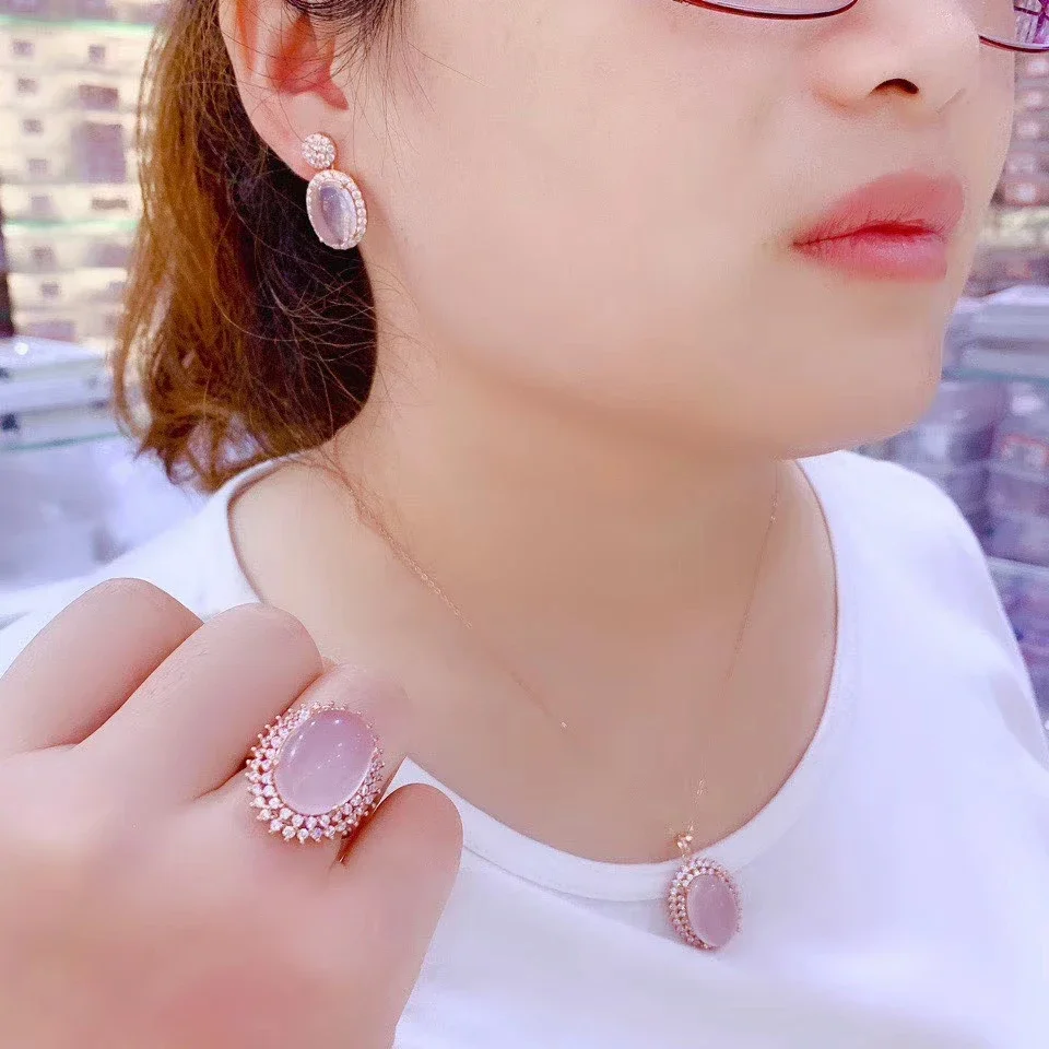 Girls' Natural Pink Crystal Hibiscus Stone Necklace Pendant Ring Earrings 3-Piece Set 925 Pure Silver Plated Rose Gold High Carb