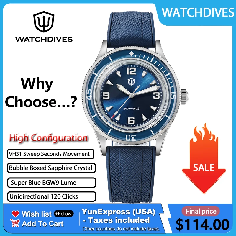 

Watchdives WD50Q 38mm Watch Stainless Stee VH31 Sweep Seconds Quartz Movement Men Watches Bubble Sapphire Luminous Waterproof