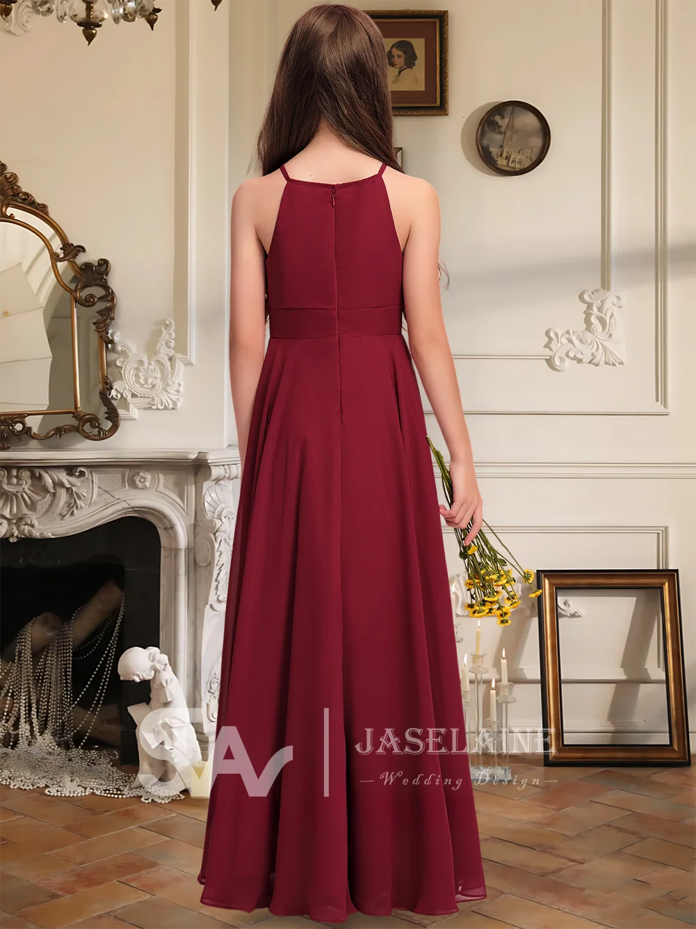 Um até o chão a linha halter chiffon júnior vestido de dama de honra vestido de menina de flor crianças menina ocasião especial festa de casamento formal