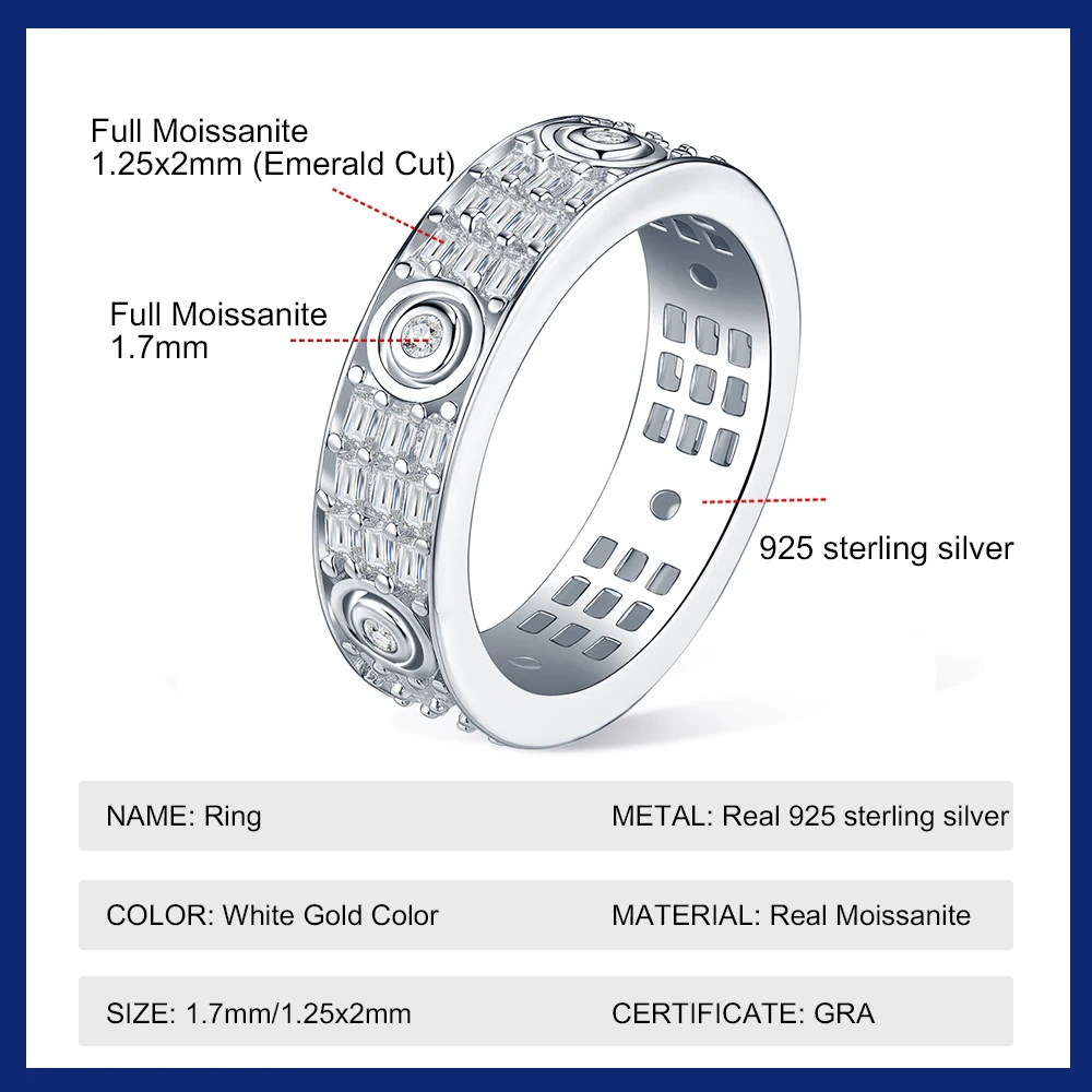 3 Rows All Moissanite Ring Solid 925 Sterling Silver Luxury Baguette Emerald Cut Full Eternity Wide Wedding Bands for Women