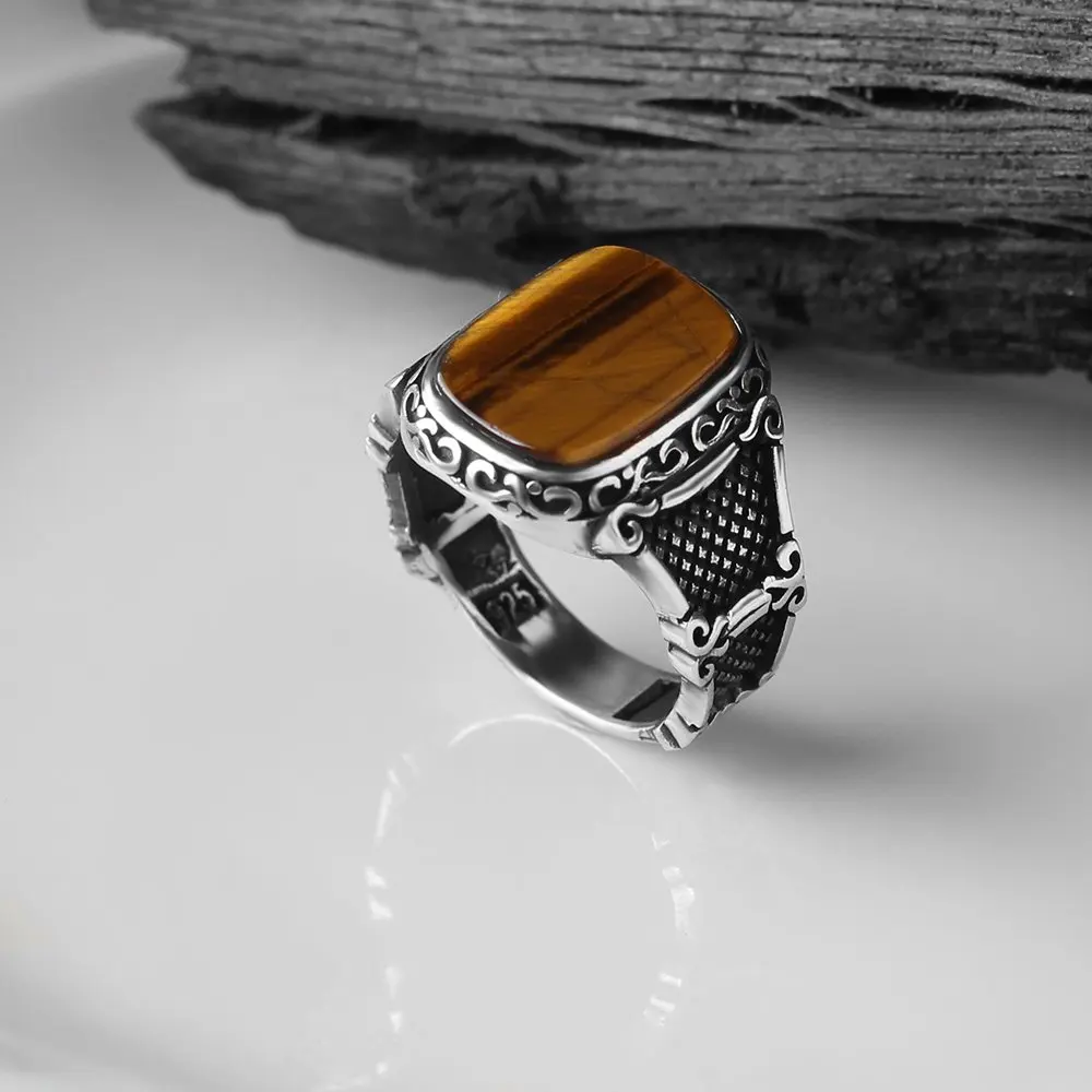 Tiger's Eye Gemstone 925 Sterling Mens Silver Ring, Free Shipping Real Natural Stone, Vintage, Gift for Men Jewelry, turkish Style Fashion