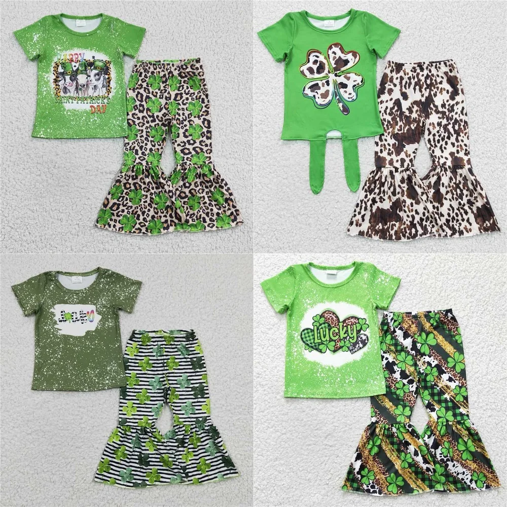 

Western Fashion Baby Girls St. Patrick's Day Green Short Sleeve Trucker Flare Pants Suit Wholesale Boutique Children Clothing