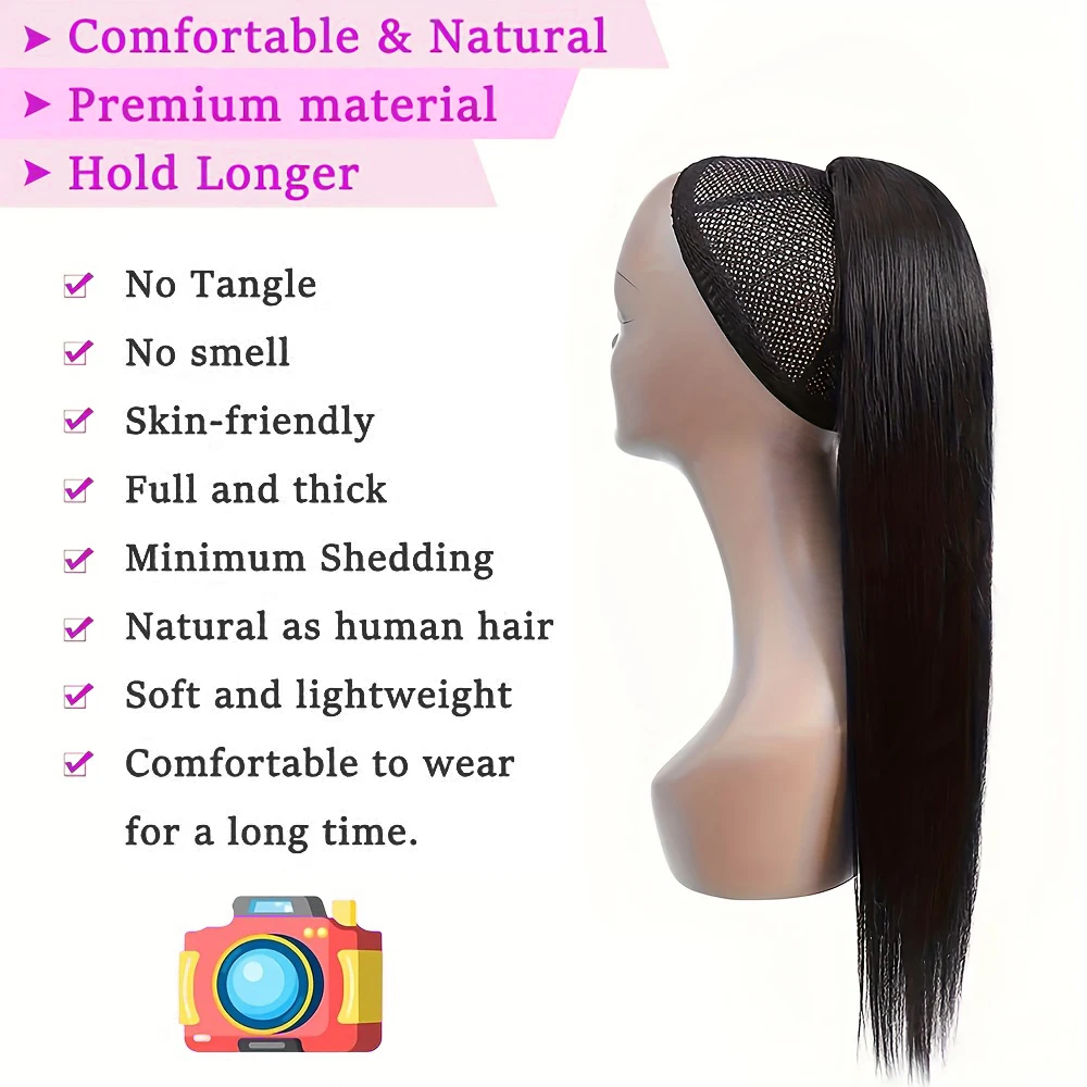 Extensiones de cola de caballo larga y recta con cordón, cabello humano envolvente, Clip en coletas, postizos para mujeres, Color negro Natural 1B