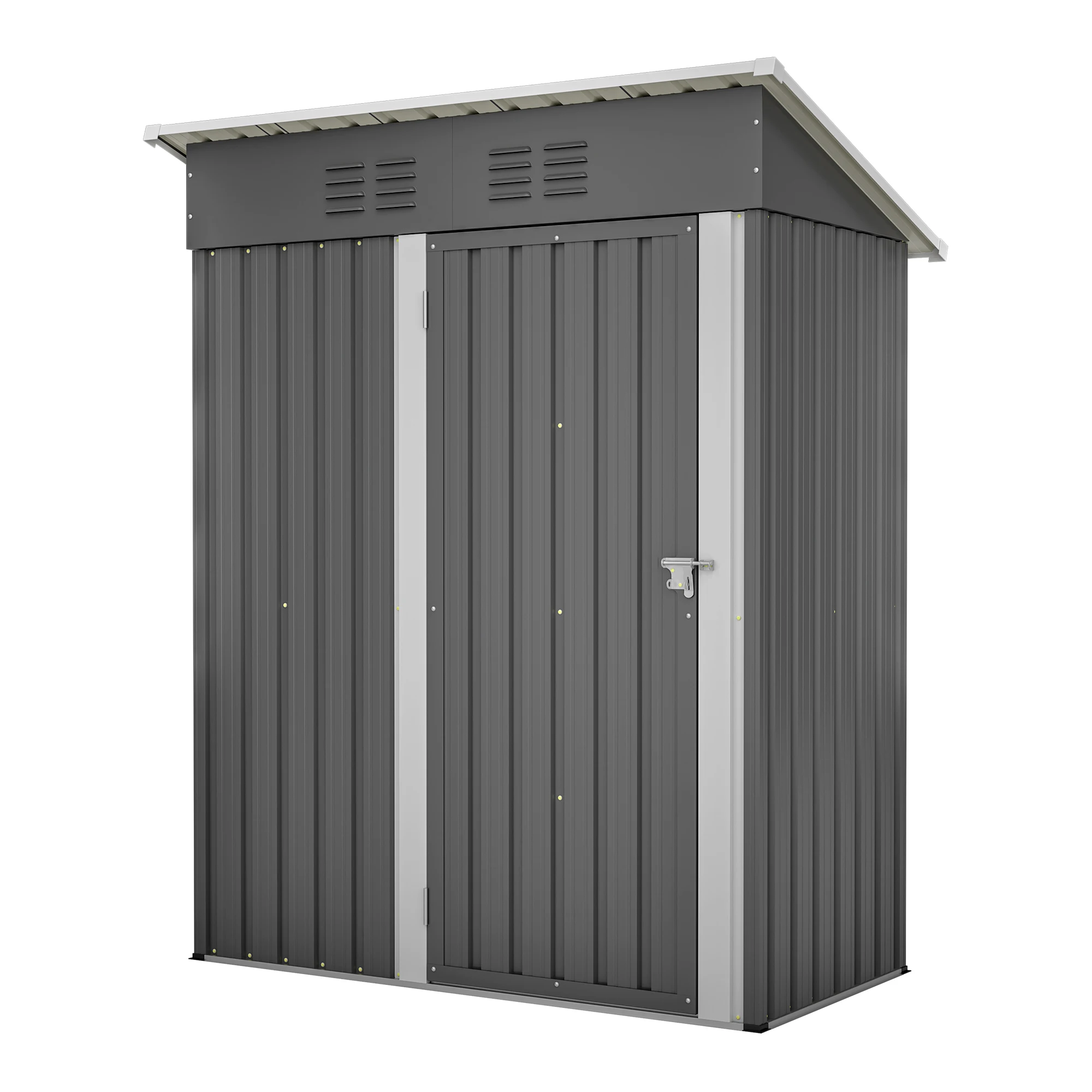 Rimessa di stoccaggio in metallo 152x84x182 cm, acciaio zincato, tetto piatto, porta singola con serratura, impermeabile, capanno per attrezzi da esterno, grigio e nero, per patio e giardino