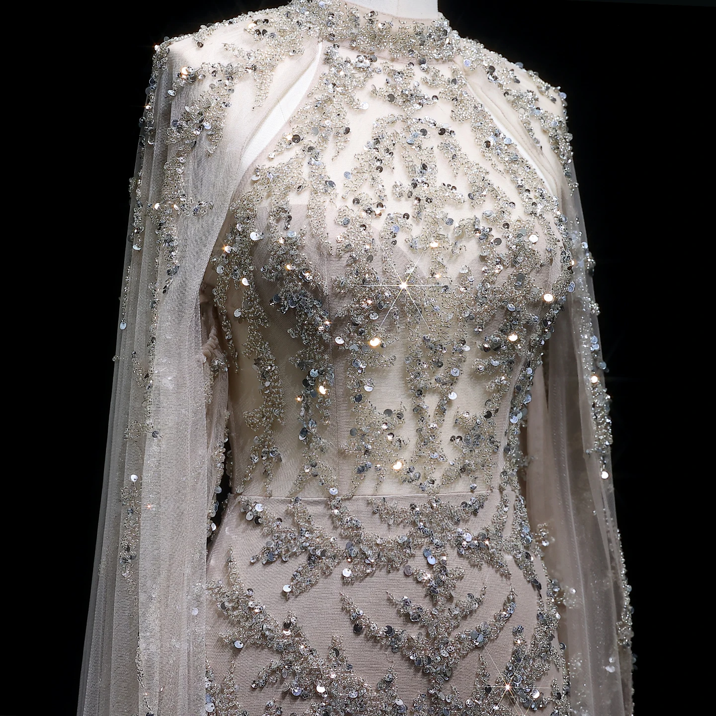 Sharon Said Elegantes Perlenbesetztes Champagner-Abendkleid mit Cape-Ärmeln, Türkis, Dubai, Damen-Hochzeitskleider, SS161, Maßanfertigung – Detail 8
