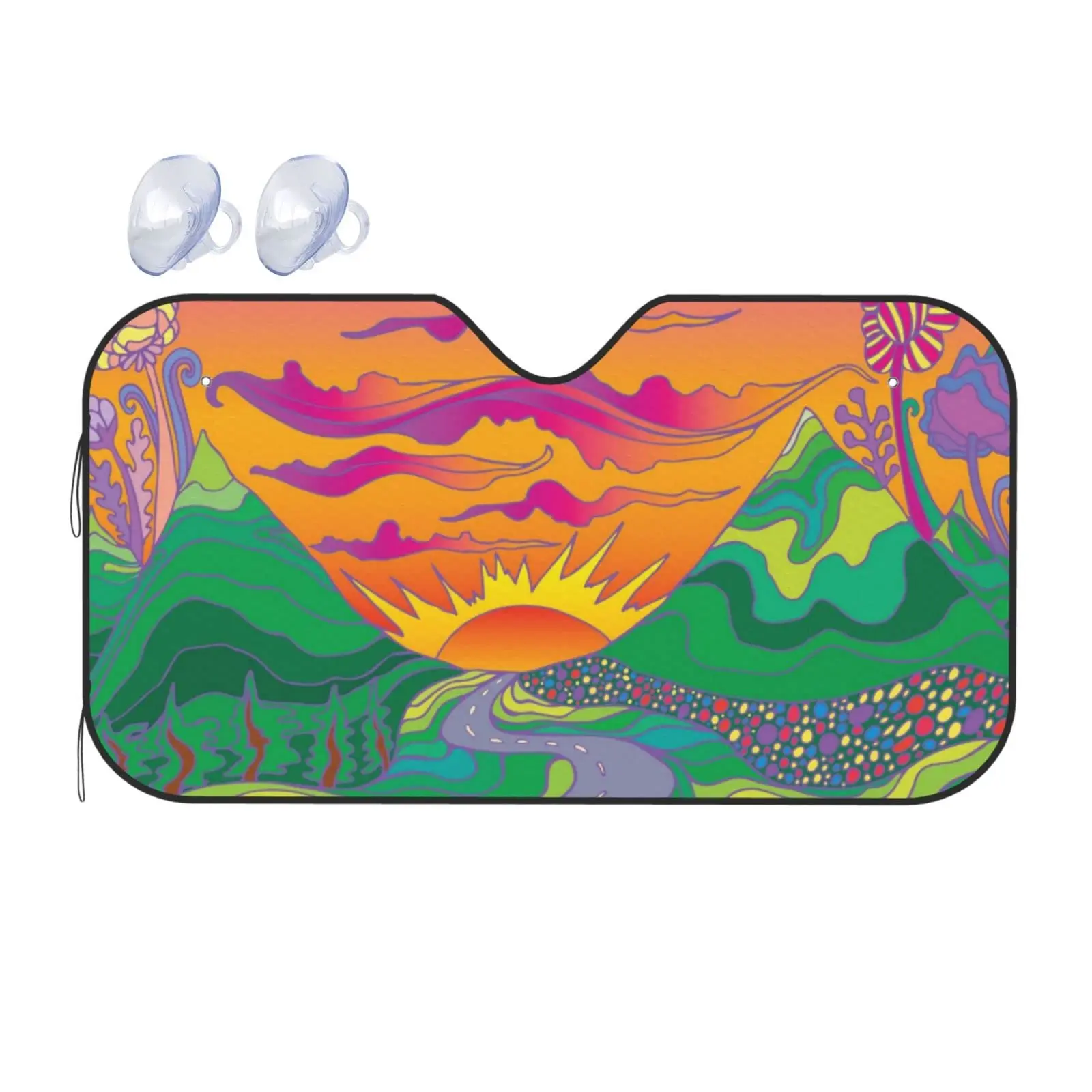 

Hippie Psychedelic Landscape Car Front Window Sunshade Blocker UV Visor Retractable Automotive Sunshades Vehicle Protector