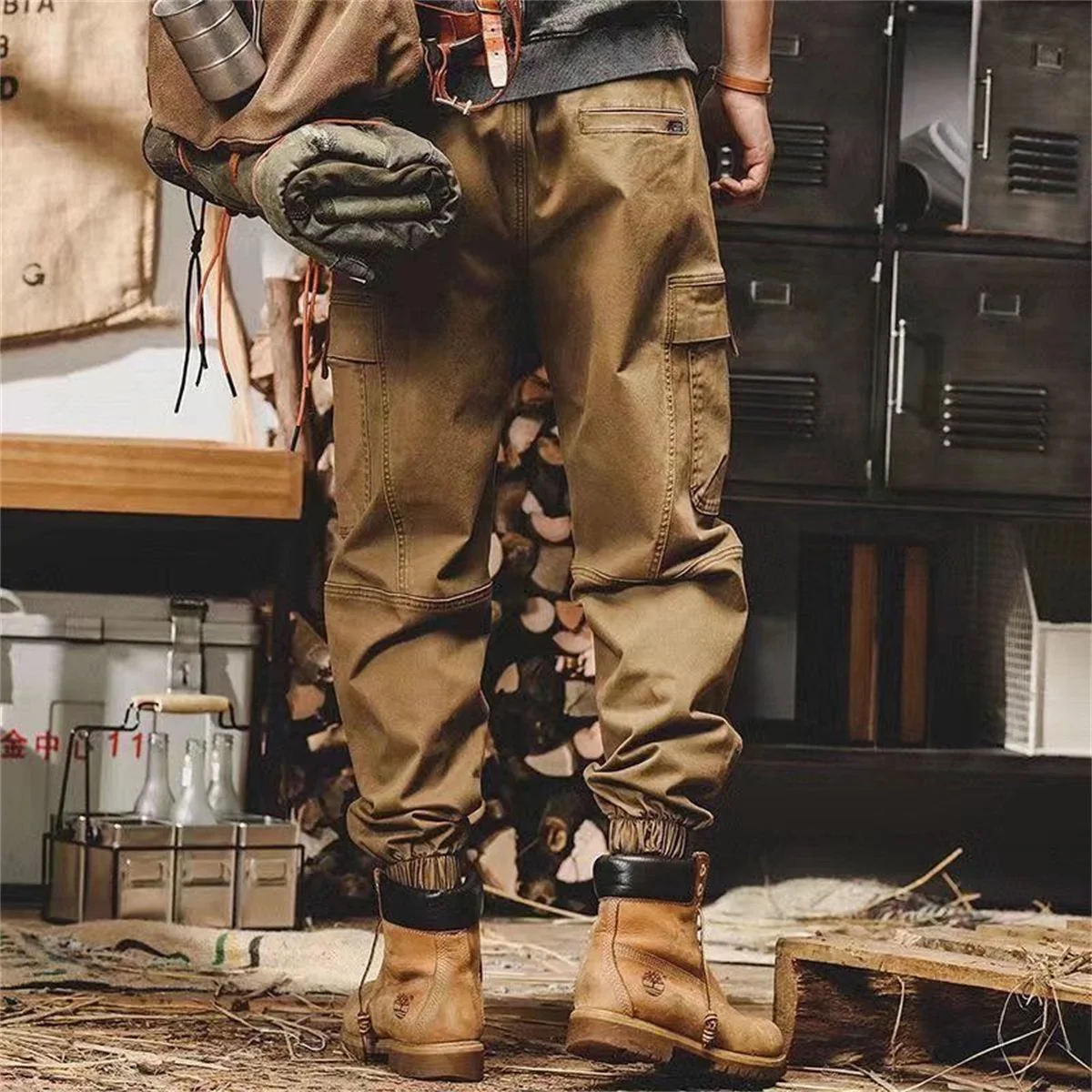 Schwarze Hip-Hop Cargo-Hose für Herren, Vintage Japanischer Streetwear-Stil mit Taschen, Lässiger Safari-Look, Weite Passform – Detail 5