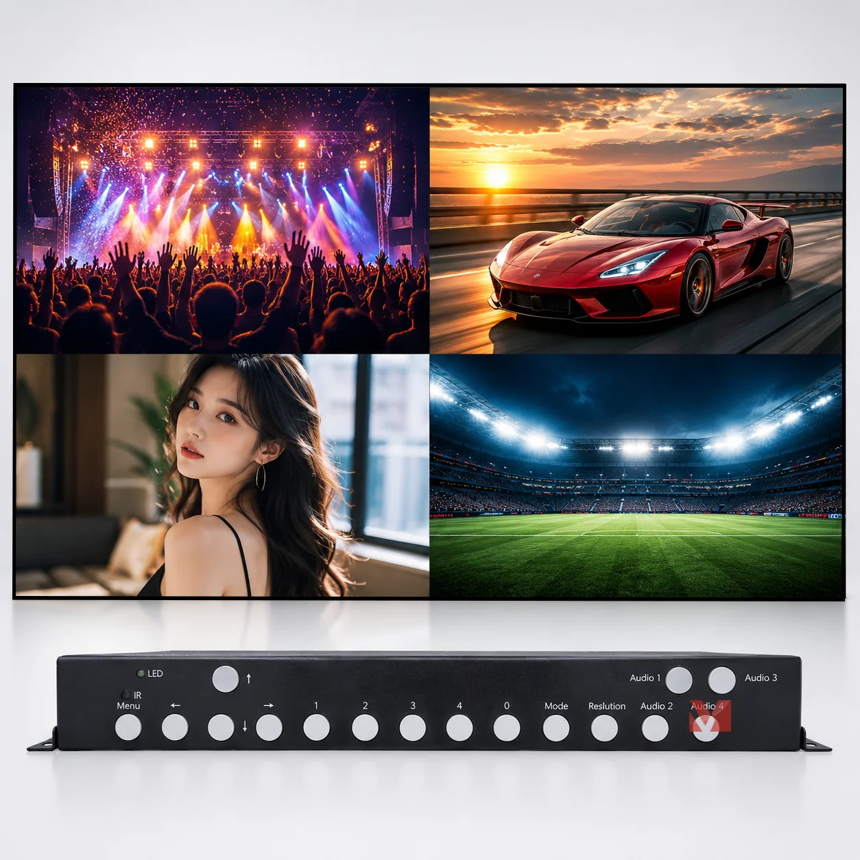 HD Video Multiplexer HDMI Switcher VGA DP Input 1080P60Hz PIP POP Quad View Audio Video Switcher RS232 IR Remote Control