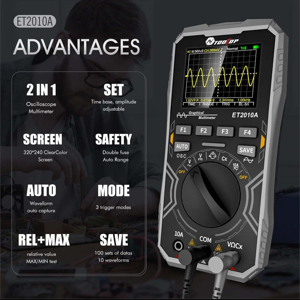 TOOLTOP ET2010A Digital Oscilloscope Multimeter 1Mhz 2.5MSps Color Handheld Oscilloscope AUTO Waveform Electronic DIY Tools