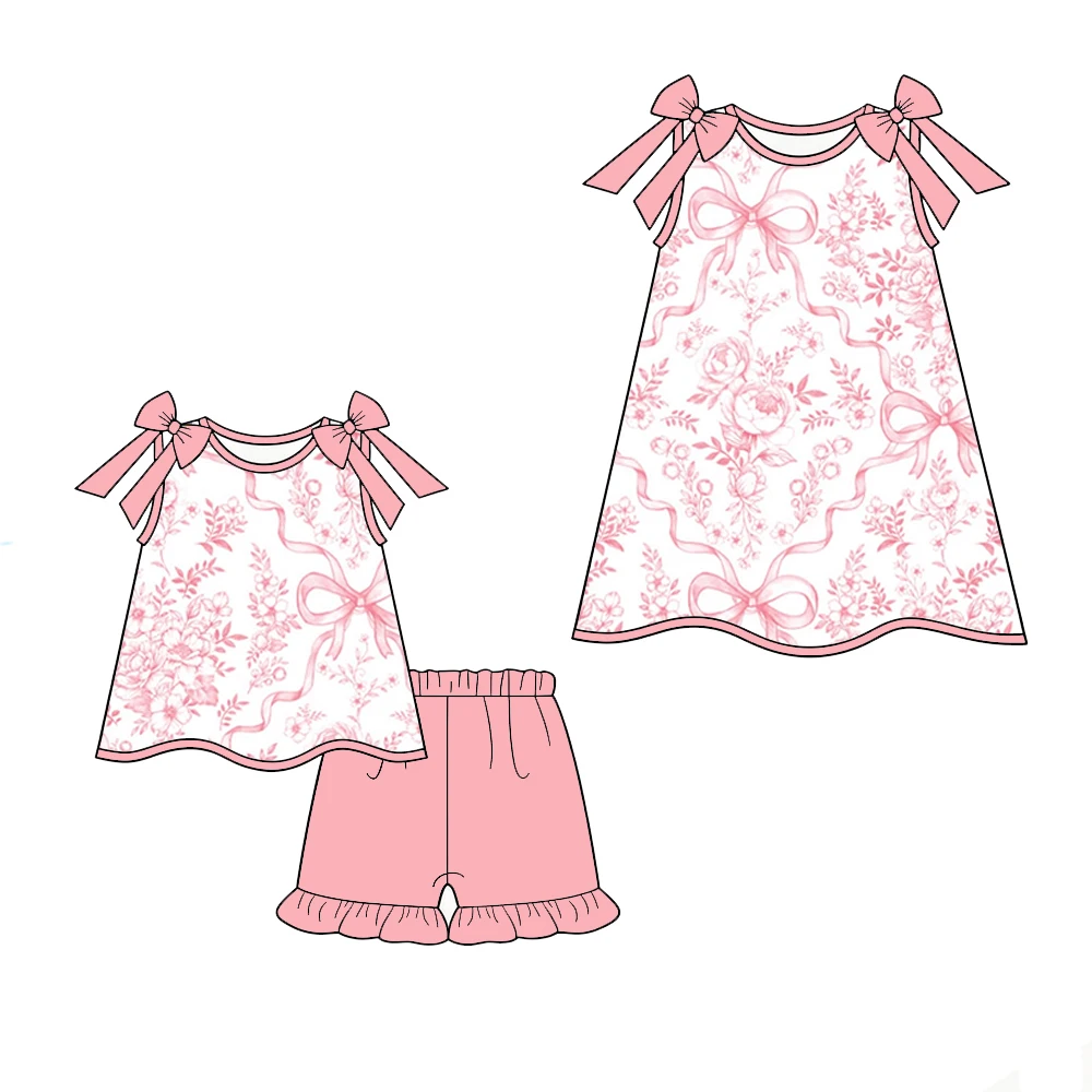 Boutique children's clothing sets Sleeveless bow-decorated sundress with shorts girls set Pair with the same dress Bow print