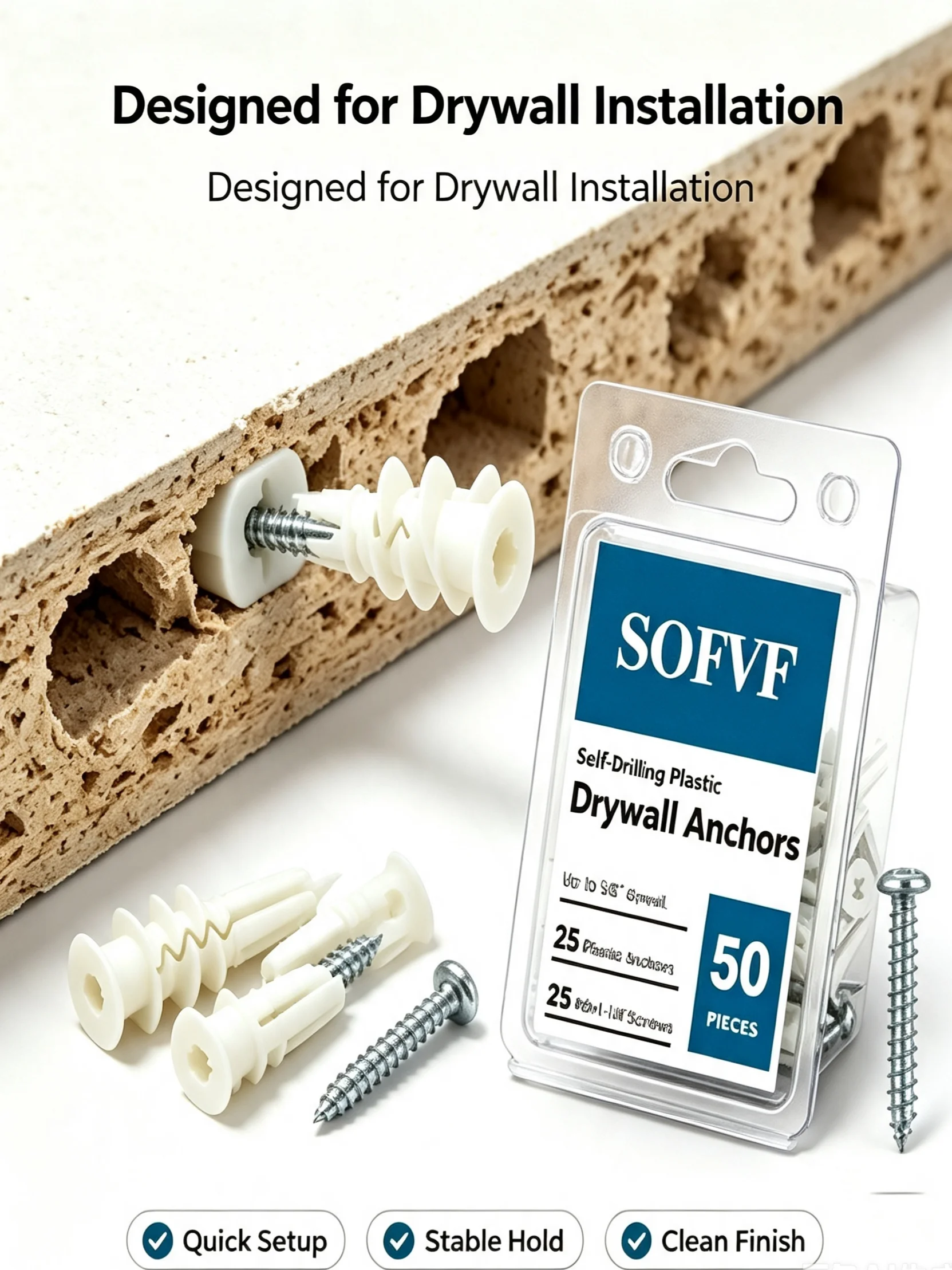 VKKM Drywall Plastic Expansion Anchors & Screws Set 50Pcs Self Drilling Wall Fasteners