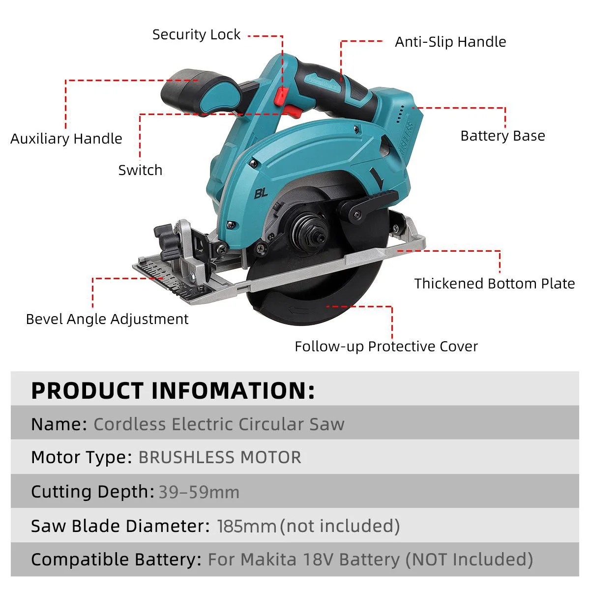 Brushless Electric Circular Saw 165mm Cordless Saw Blade Adjustable Angle Cutting Woodworking for Makita 18V Battery