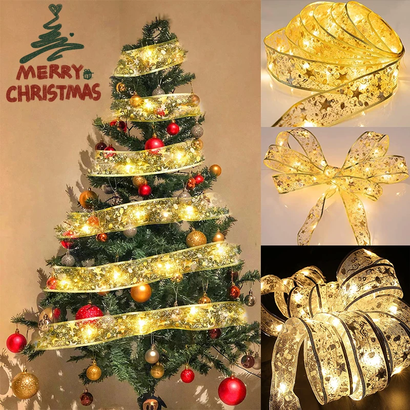 Christmas Decoration LED Ribbon Fairy Lights Christmas Tree Ornaments DIY Bows Light String Navidad New Year For Home Decor 2023