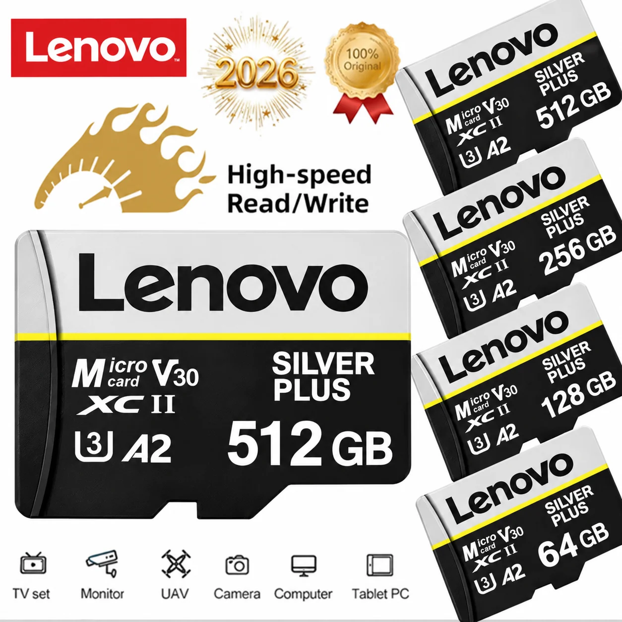 بطاقة ذاكرة لينوفو مايكرو إس دي A2 U3 V30 فئة 10 بسعات 32 جيجابايت و64 جيجابايت و128 جيجابايت و256 جيجابايت و512 جيجابايت عالية السرعة للهواتف والكاميرات والطائرات بدون طيار وتخزين الملفات