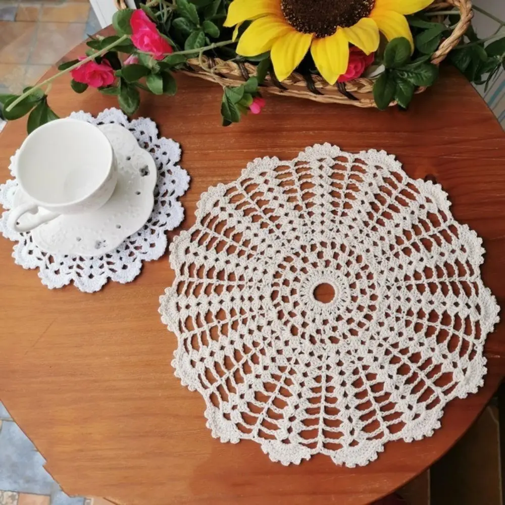 7 Pieces Cotton Doilies Set Hand Crochet Table Placemats White Beige Color Cup Coasters DIY Coffee Table Crafts Decorative Mats