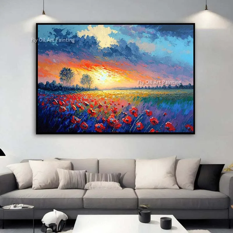 Wildflower Field Landscape Floral Wall Art Hand Painted Sunset Painting and Vibrant Field Of Flowers Oil Canvas Painting Decor