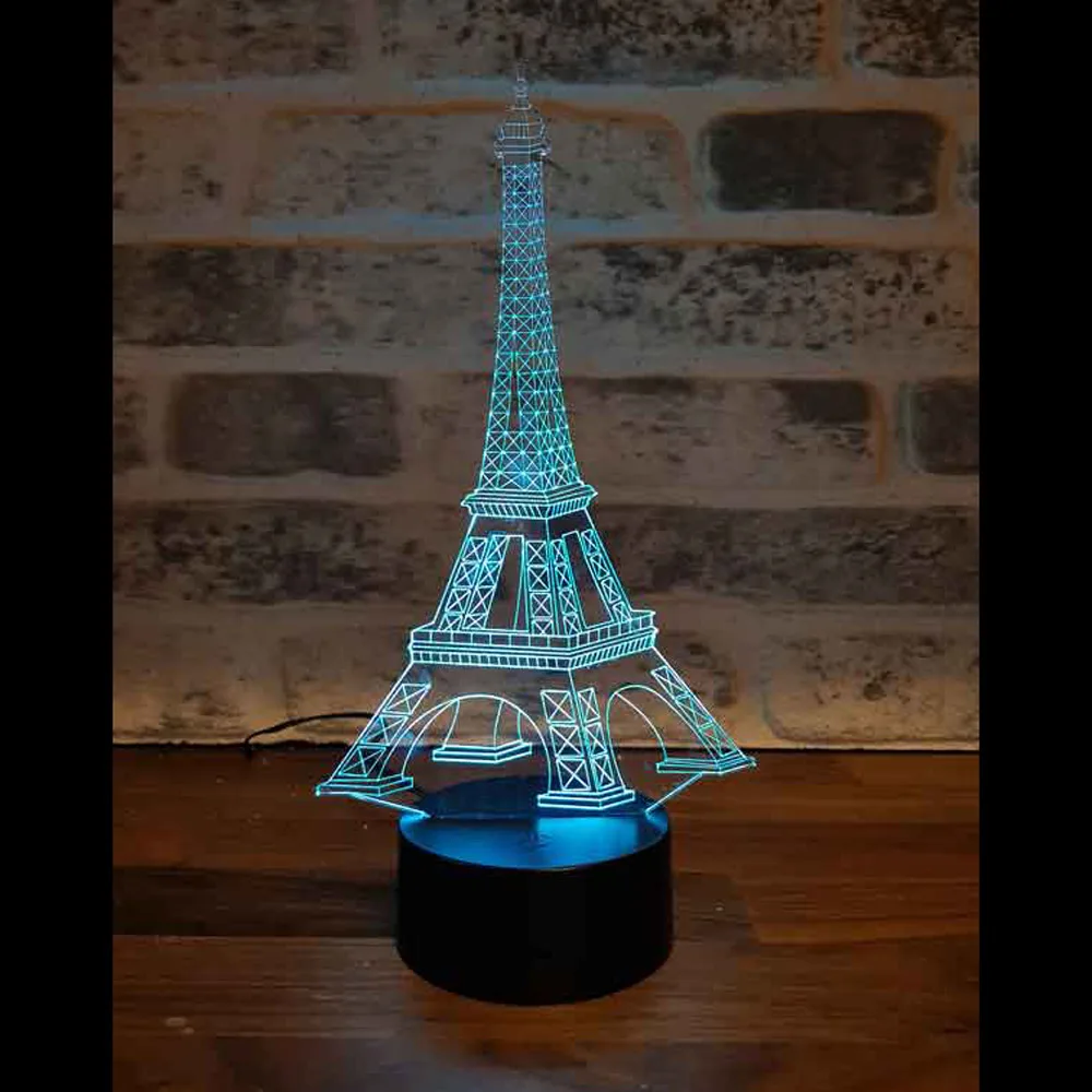 Lámpara de mesa Led de acrílico con ilusión 3D de Eiffel Paris, adaptador de 12 voltios, diseño de luz diurna, Base de madera, regalo para parejas