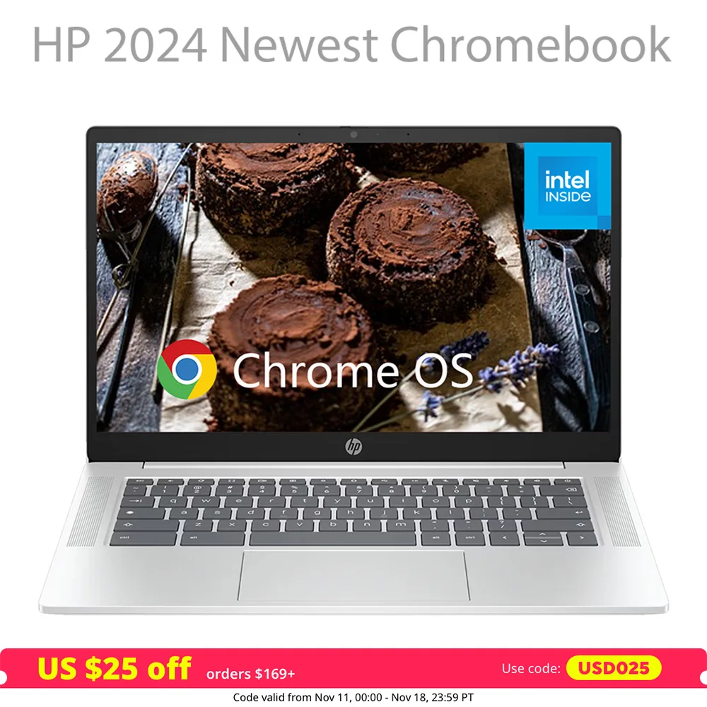 HP 2024 최신 크롬북 14 인치 FHD 노트북, 인텔 프로세서 N100,4GB LPDDR5 RAM,64GB eMMC, 인텔 UHD 그래픽, 크롬 OS, 실버