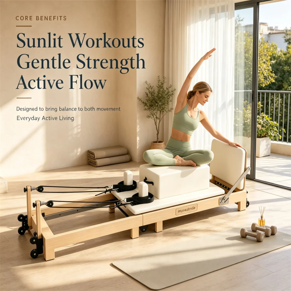 Multifunctionele, opvouwbare, ruimtebesparende Pilates Reformer van esdoornhout | Houten kratverpakkingen — Pilates fitnessapparatuur voor thuis.