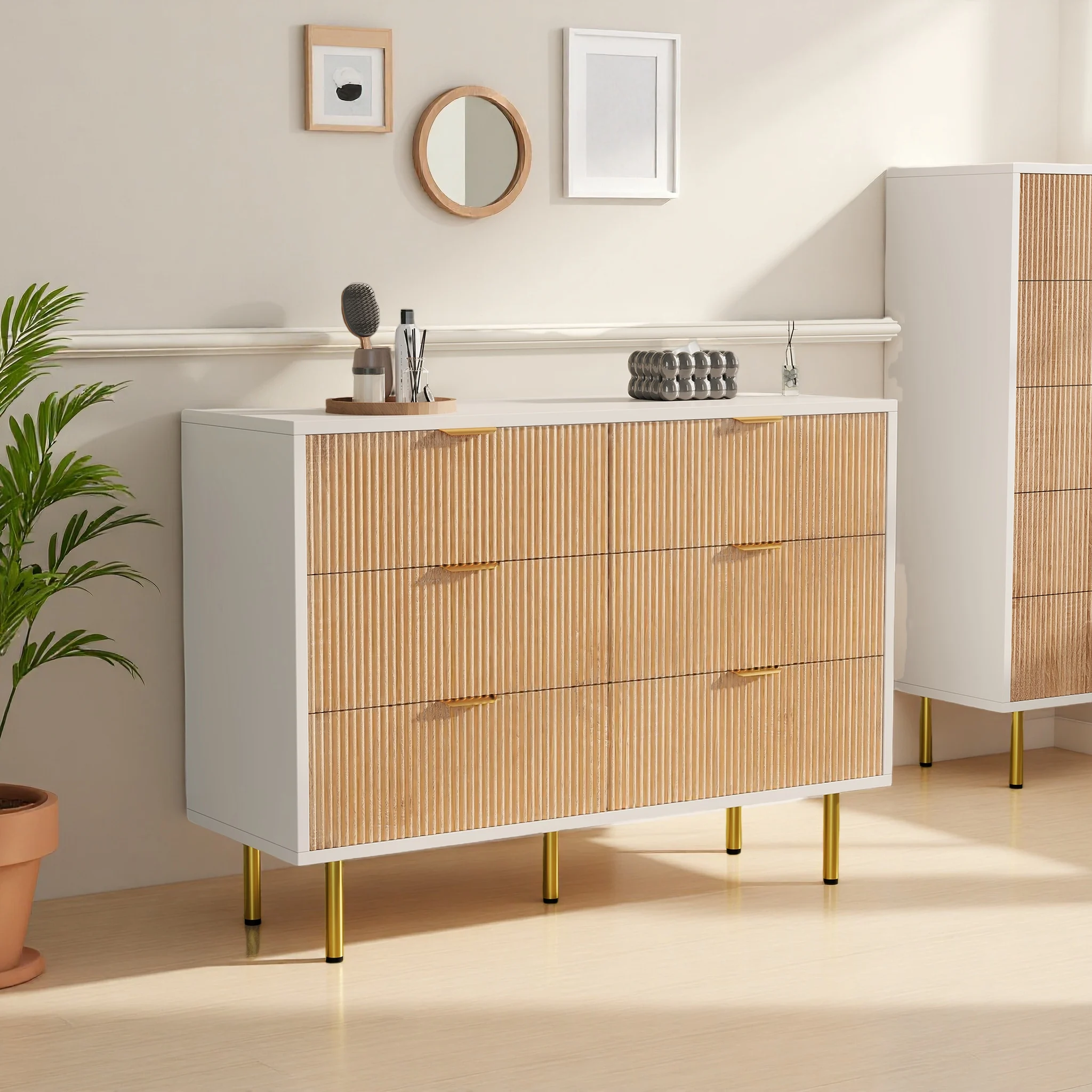 Commode à 6 tiroirs, meuble de rangement, buffet, style moderne, pour chambre, entrée, 100 x 34 x 73 cm, blanc et bois naturel