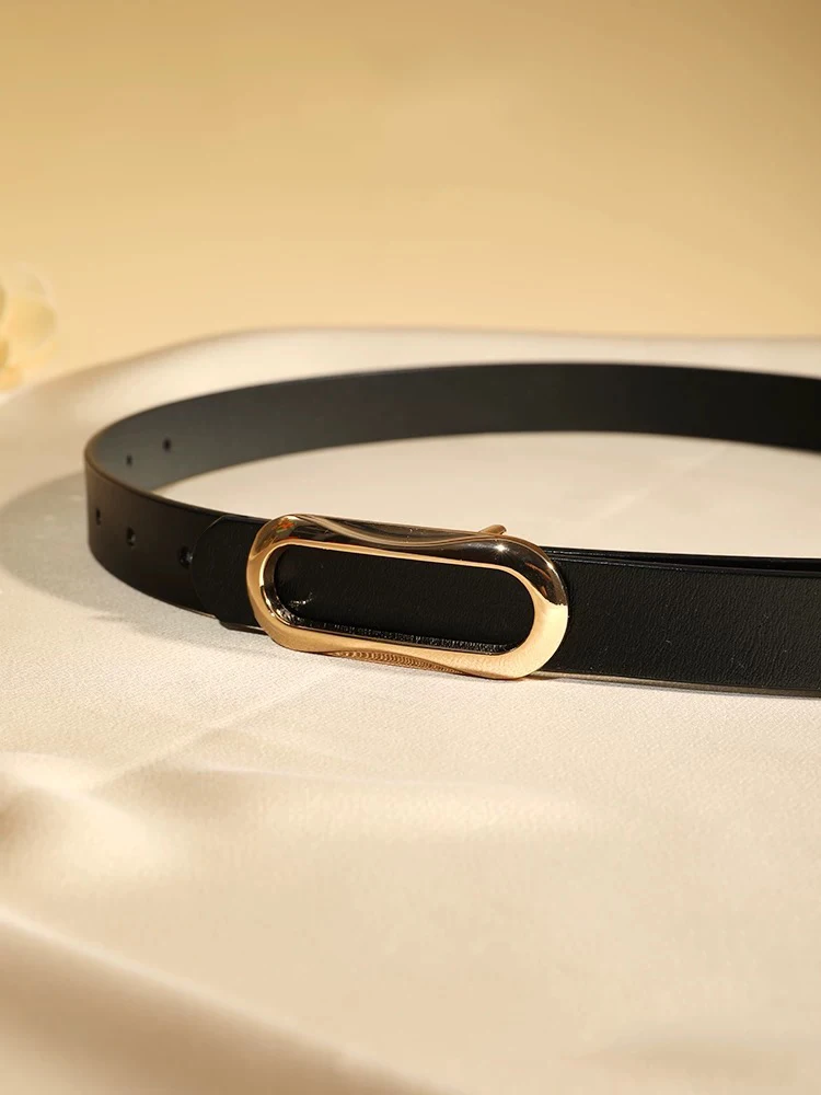 

Women's Genuine Leather Skinny Belts Waist Belt Oval Solid Gold Buckle Waistband For Pants Jeans dress