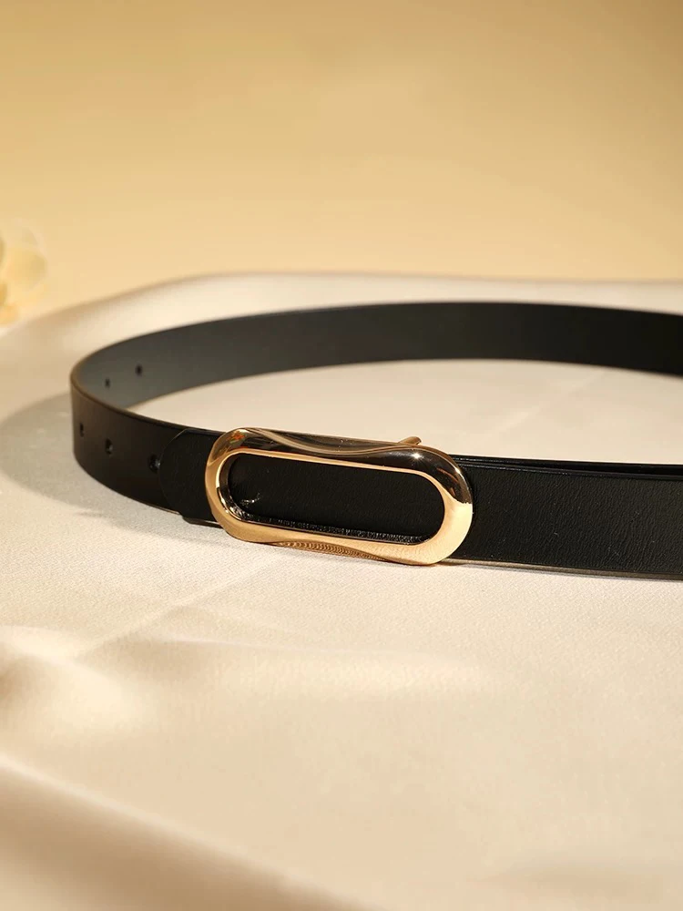 Women's Genuine Leather Skinny Belts Waist Belt Oval Solid Gold Buckle Waistband For Pants Jeans dress