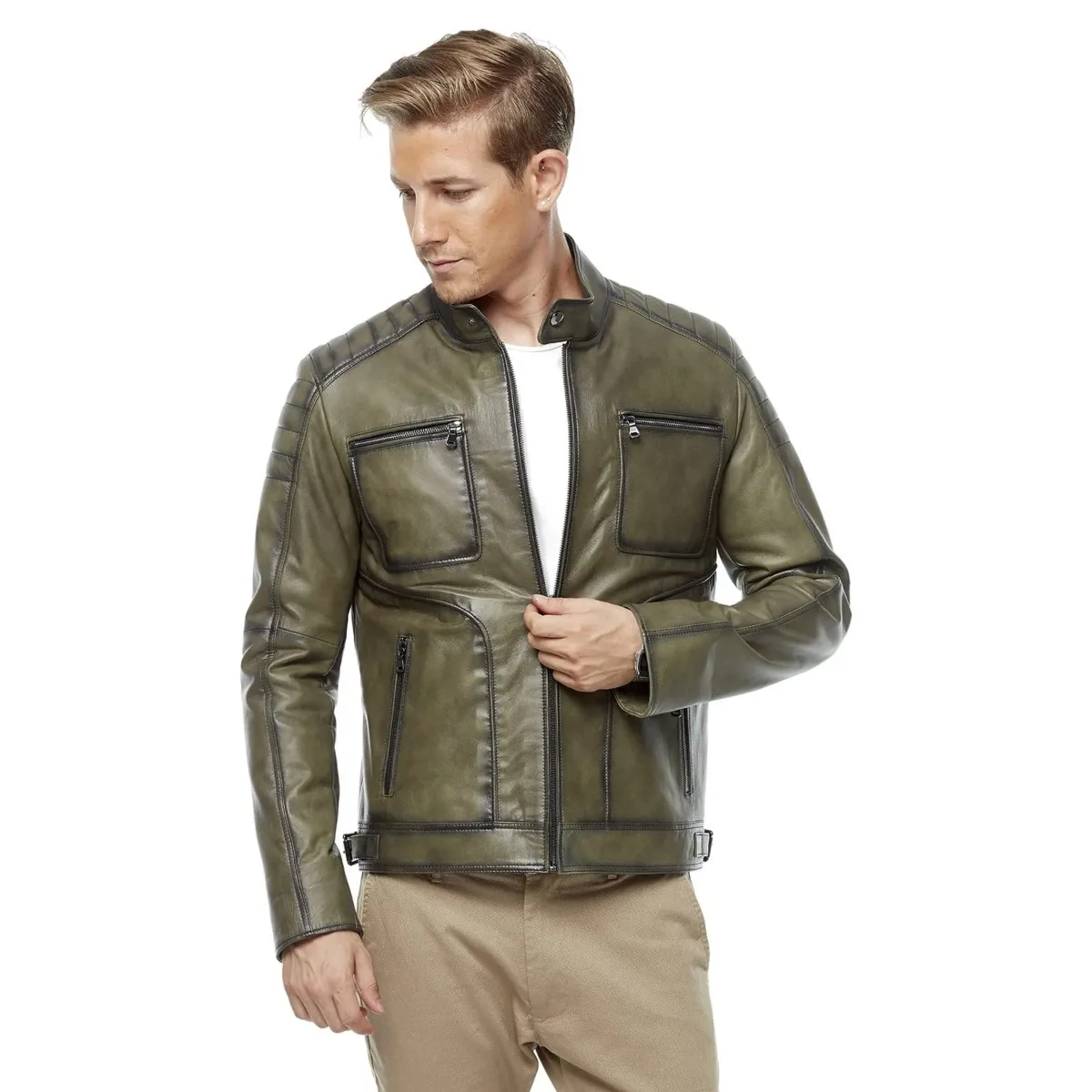 Genuine Leather Jacket Men Biker Coat Autumn Winter Real Lambskin Green Color Design Classic Clothing