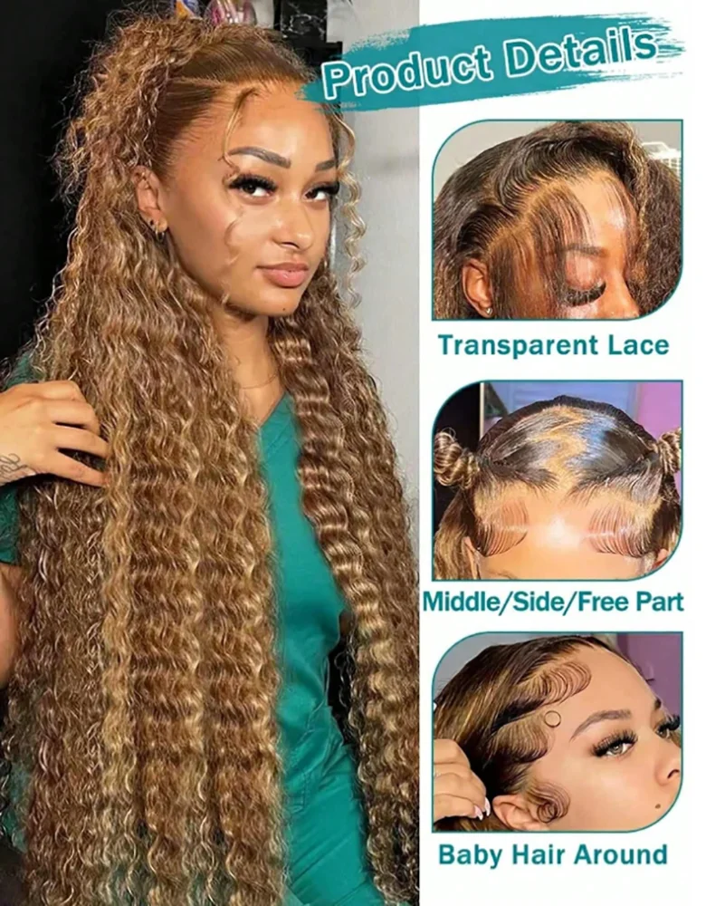28 polegada destaque ombre peruca dianteira do laço 200 densidade 13x4 hd mel loira 4/27 onda profunda perucas frontais do laço