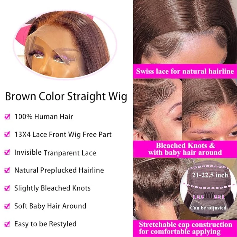 Straight Lace Frontal Wigs Human Hair 13x4 Lace Front Wigs Pre Plucked with Baby Hair 150% Density Brown Colored Wig Human Hair