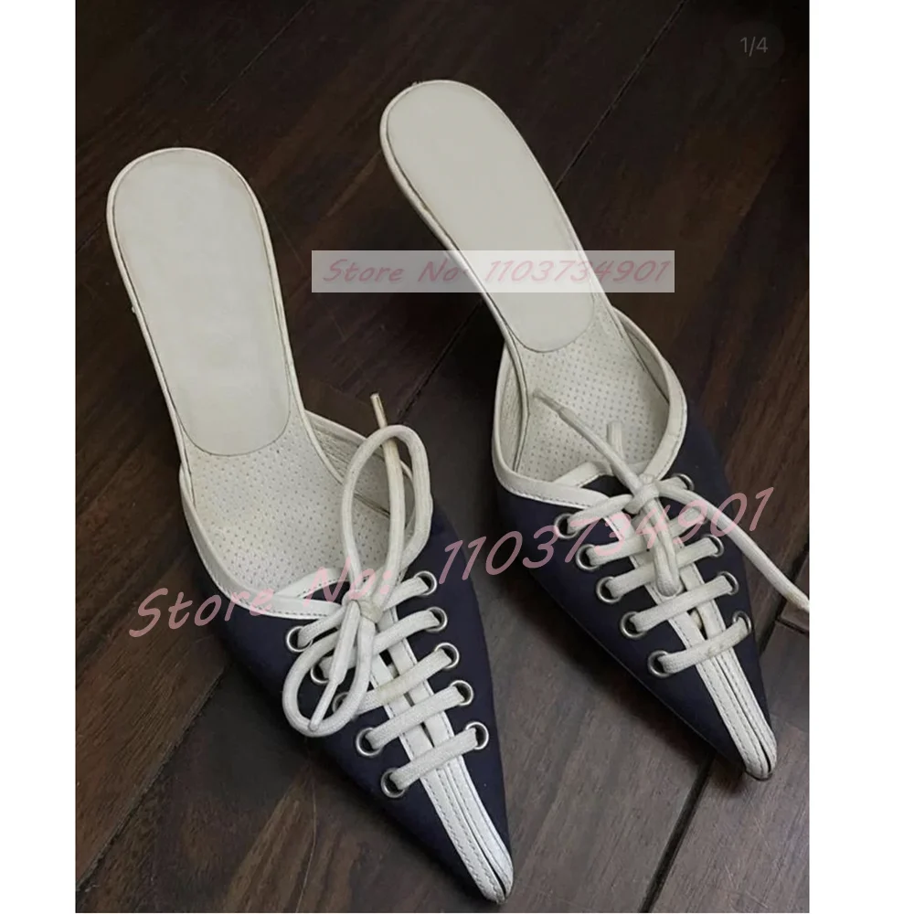 Pointy Toe Lace Up Mid Heeled Slippers Female Elegant Fashion Pointy Toe Mules Women Casual Comfortable Breathable Slippers