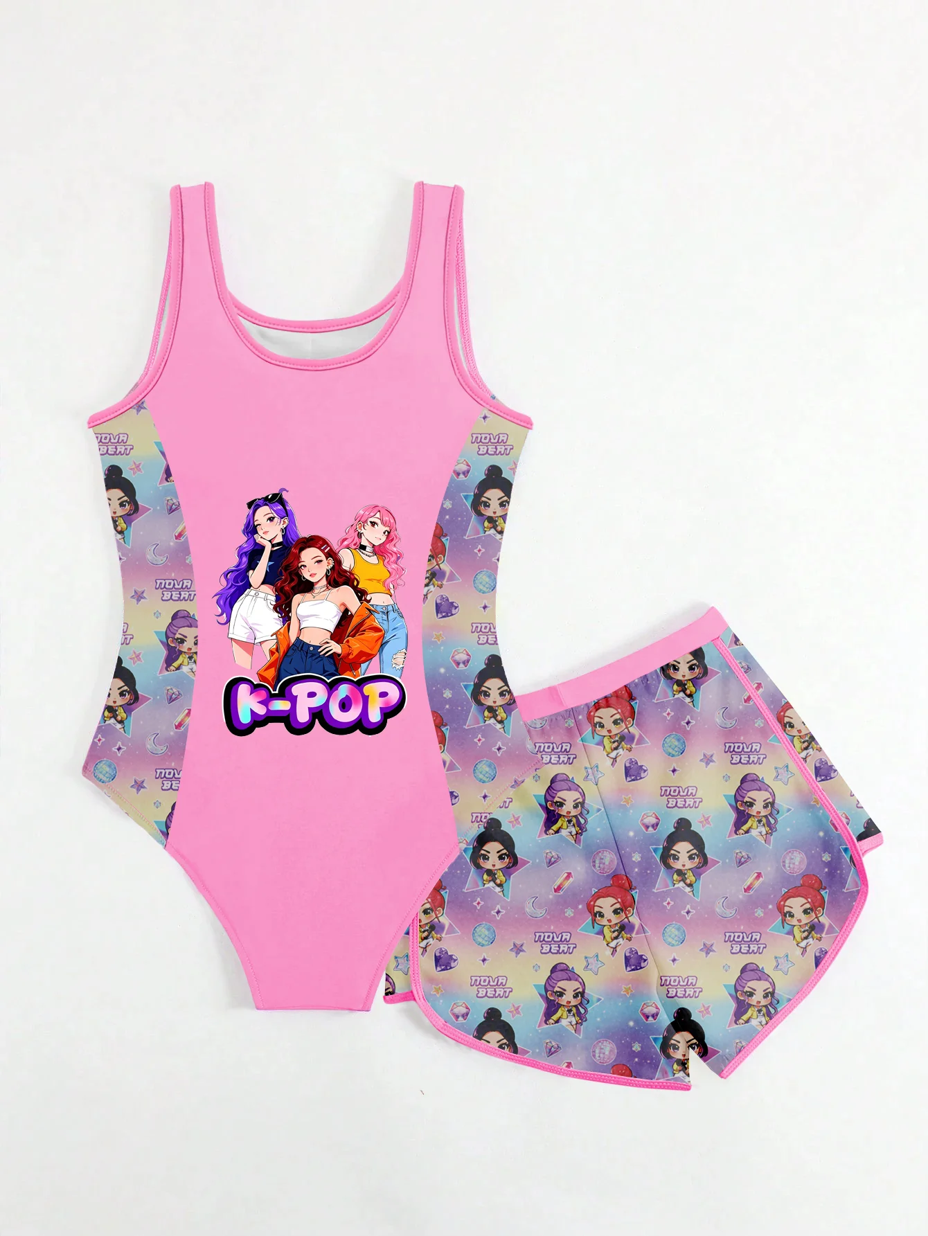 2-teiliger Badeanzug für Kinder und Mädchen, K-POP Nova Beat Print, rosa, einteiliger Badeanzug mit Shorts, schnell trocknende Sommer-Strand-Badebekleidung – Detail 1