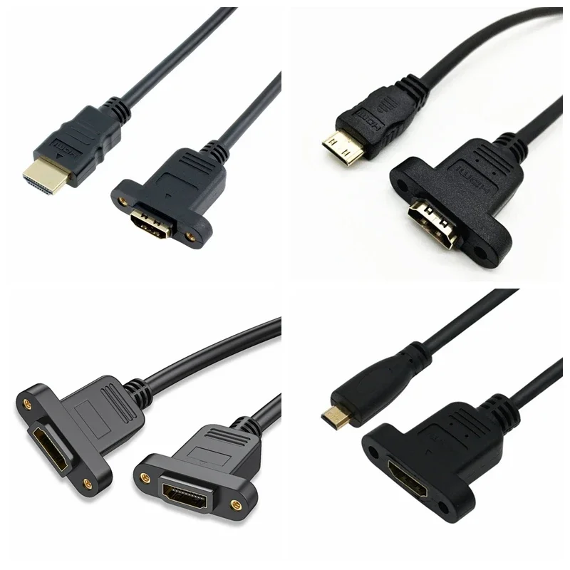 30cm Mini HDMI kompatybilny męski na HDMI Micro HDMI żeński przedłużacz złącze śrubowe blokada do montażu panelowego kabel kamery HD AV — zdjęcie 2