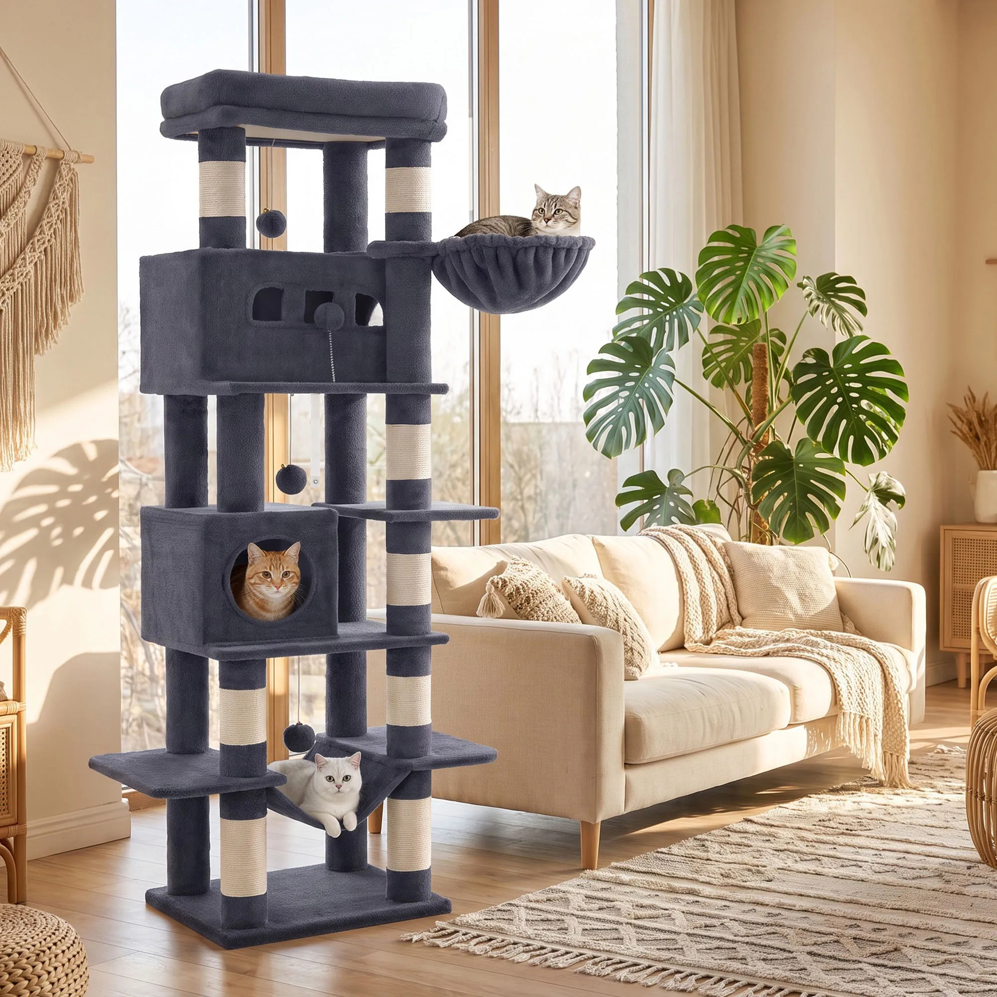 Albero per gatti a sei livelli, grande, adatto a più gatti, per uso domestico, versatile, robusto, leggero, lussuoso, 172,5 cm, villa panoramica gigante per gatti