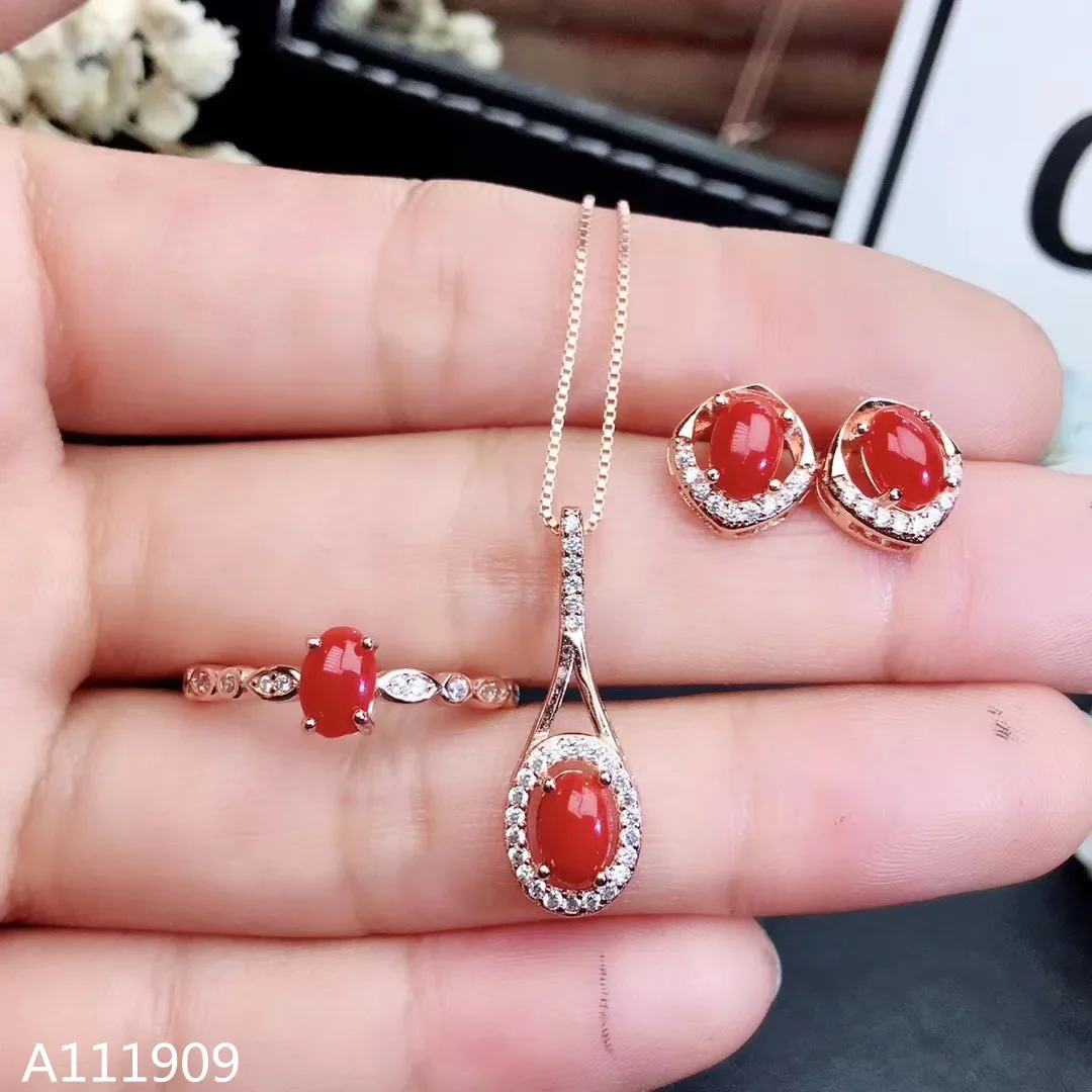 

Girls' Natural 8x6mm Red Coral Necklace Pendant Ring Earrings 4-piece Set 925 Pure Silver Plated Rose Gold High Carbon Diamond