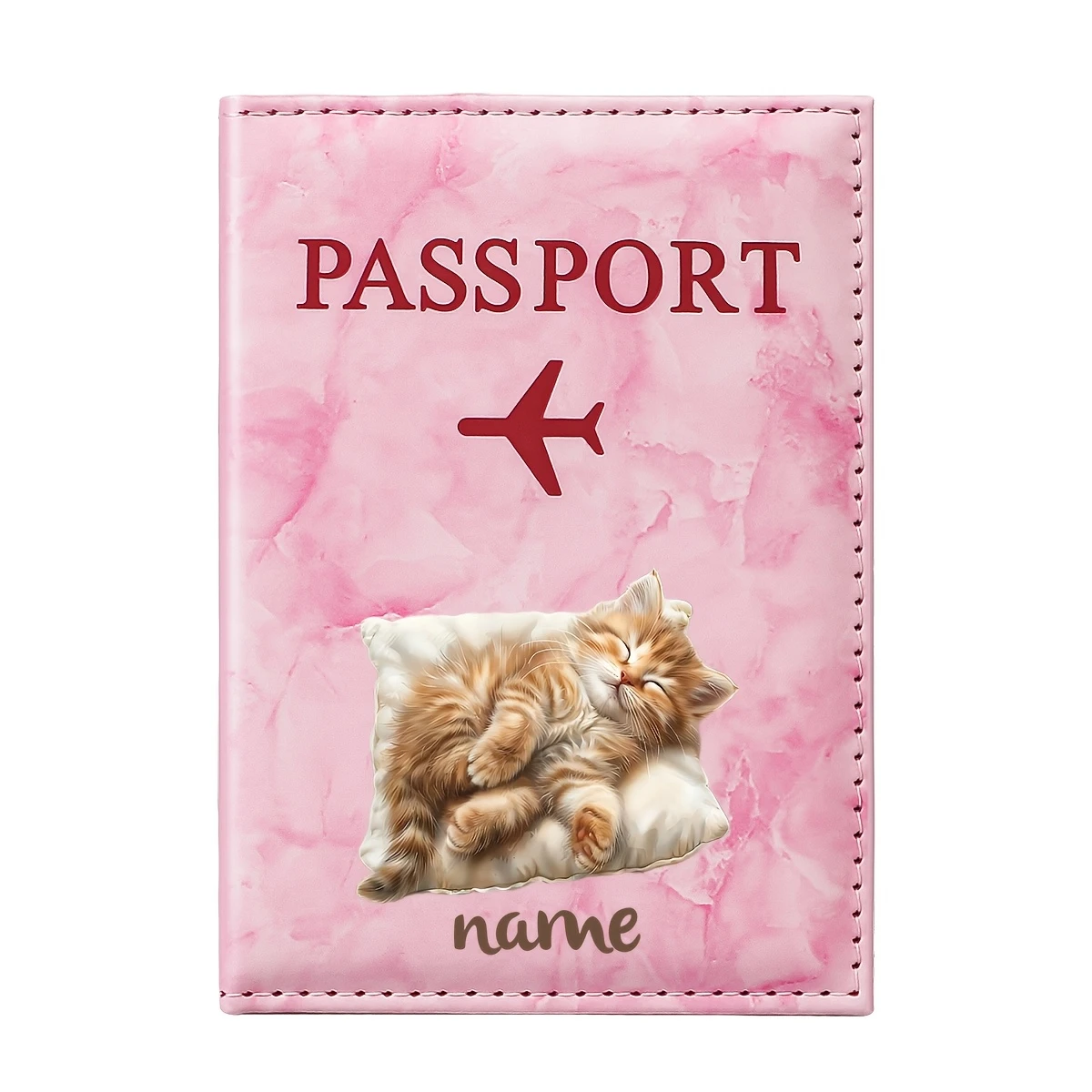 

Personalized Name Cute Cat Pillow Illustration Design PU Passport Holder, Featuring a Lazy Sleeping Orange Cat.
