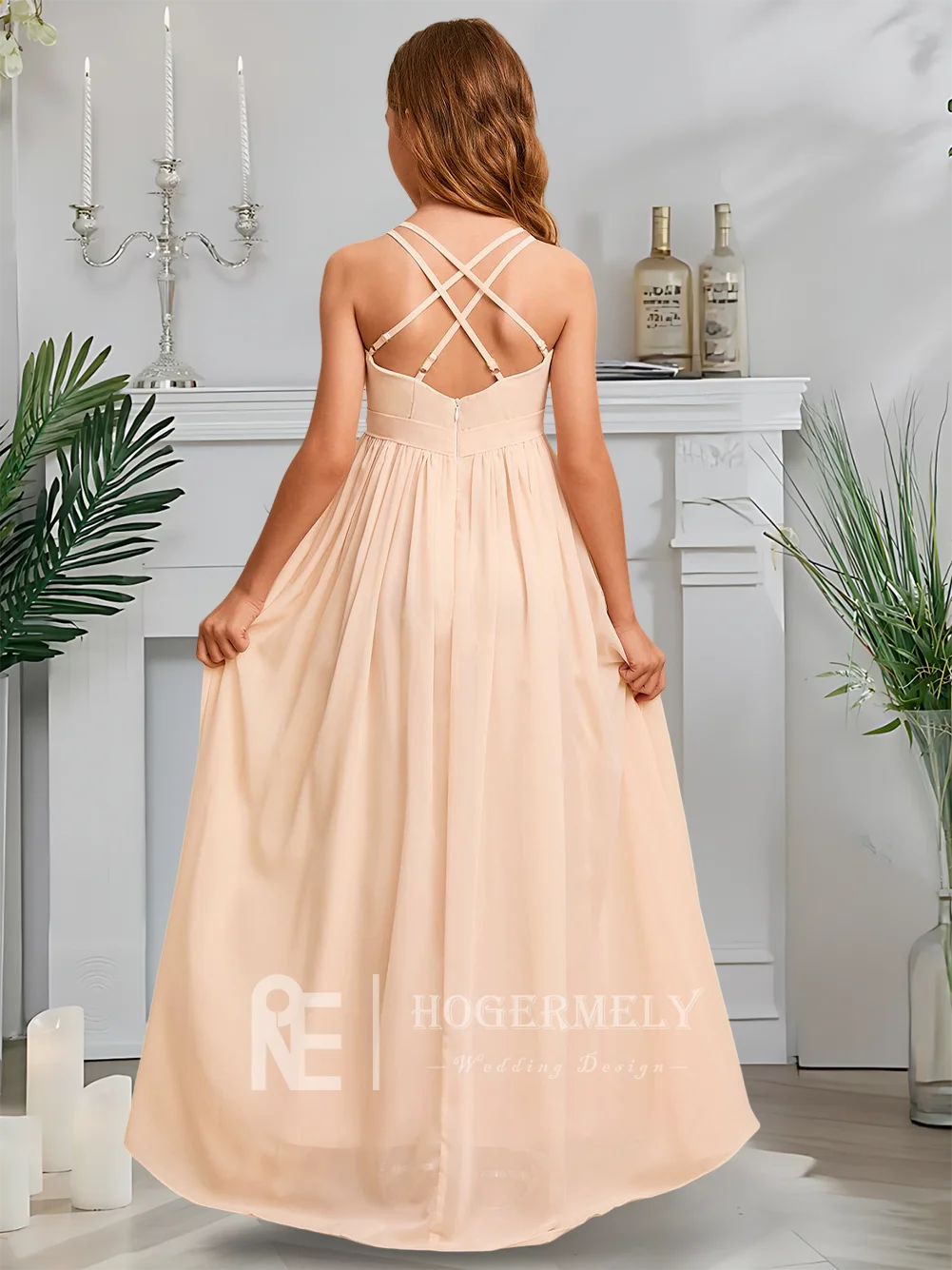 Luxuriöses Junior-Brautjungfernkleid mit V-Ausschnitt, Twilight Blush, Blumenmädchenkleid, A-Linie, Chiffon, bodenlang, für Garten, Gala, Hochzeit, Party