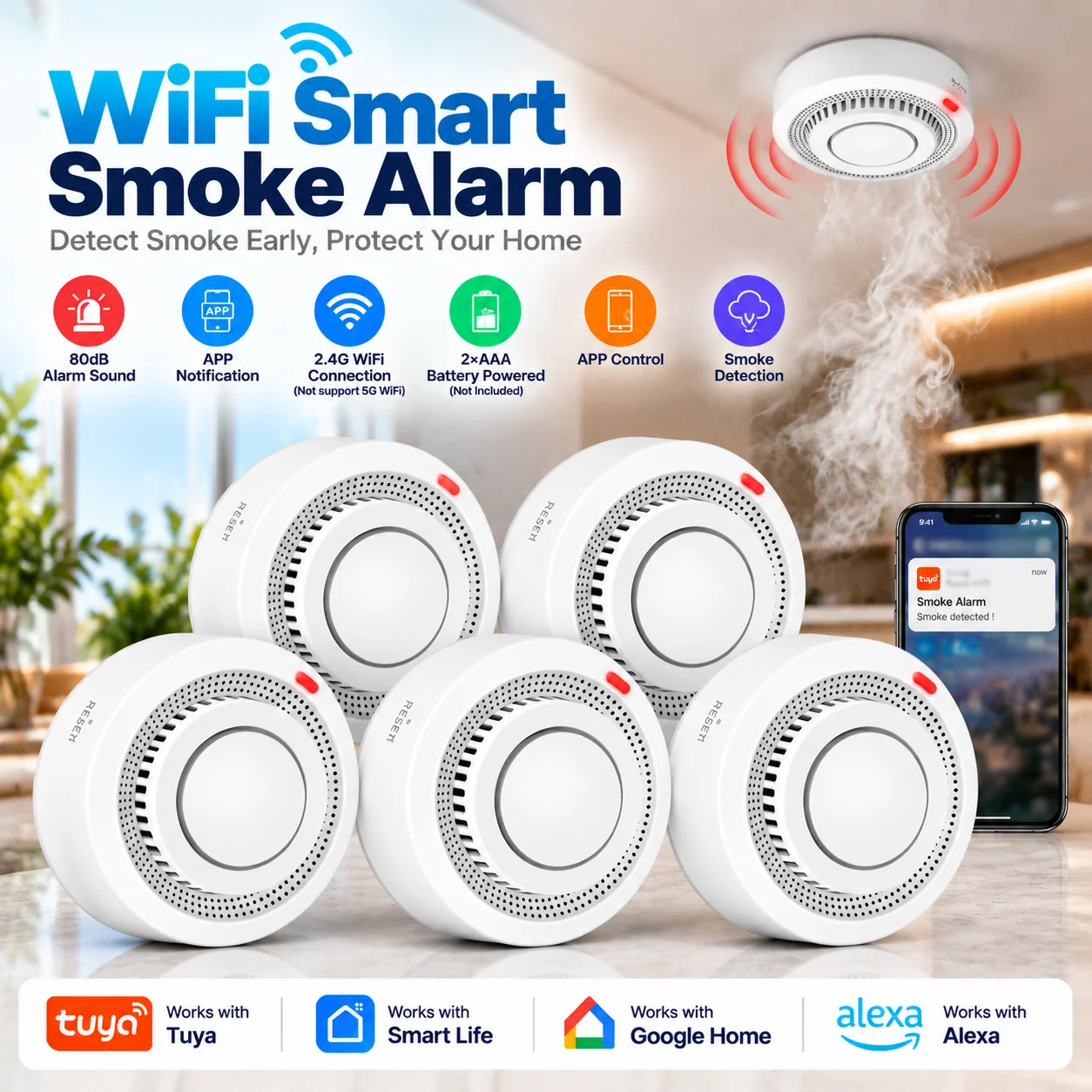 Wifi Smoke Detector Sensor Wireless Fire Protection Smoke Alarm High Sensitivity Safety Prevention Sensor 80DB Work with tuya
