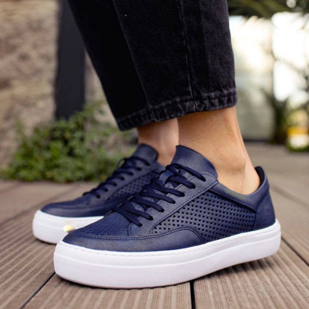 FOH Store Sneakers for Men Women NAVY BLUE Artificial Leather 2023 Spring Autumn Casual Lace Up Fashion Shoes High Base Sport Comfortable Light Vulcanized Daily Original Odorless Orthopedic Suits Office Wedding 015