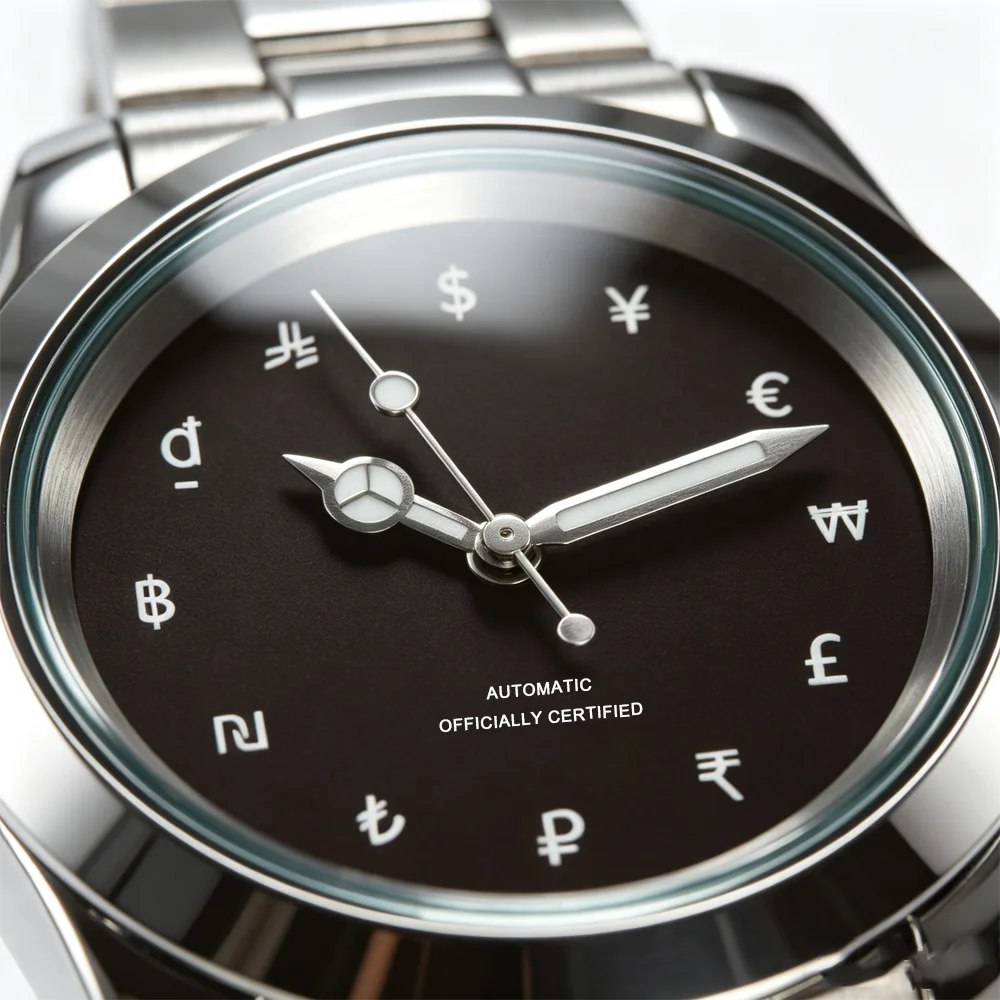 Automatic Mechanical Watch Men Global Currency Symbols Dial Stainless Steel Waterproof Business Wristwatch