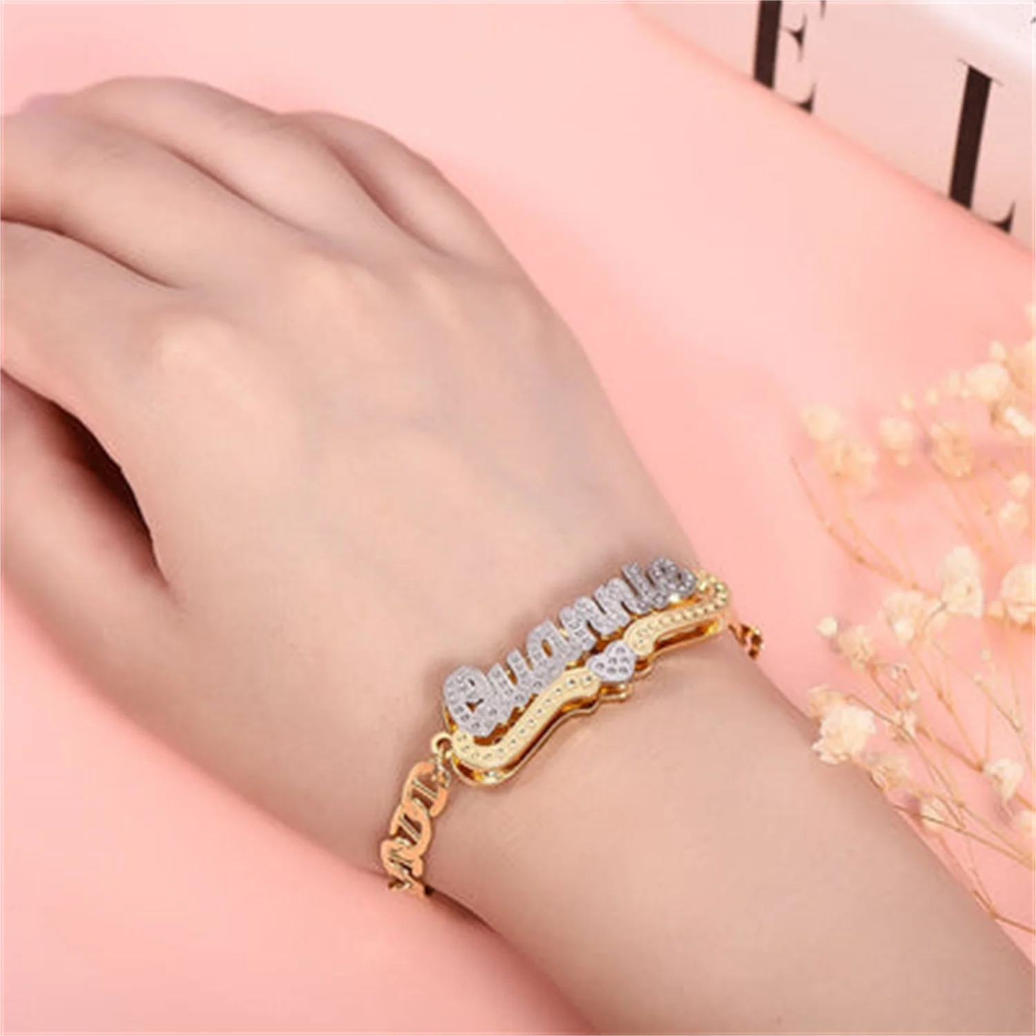 Double Plate Name Bracelets With Heart Custom Two Tone Name Bracelet Stainless Steel 3D Nameplat Gold Chain Name Bangle ForWomen